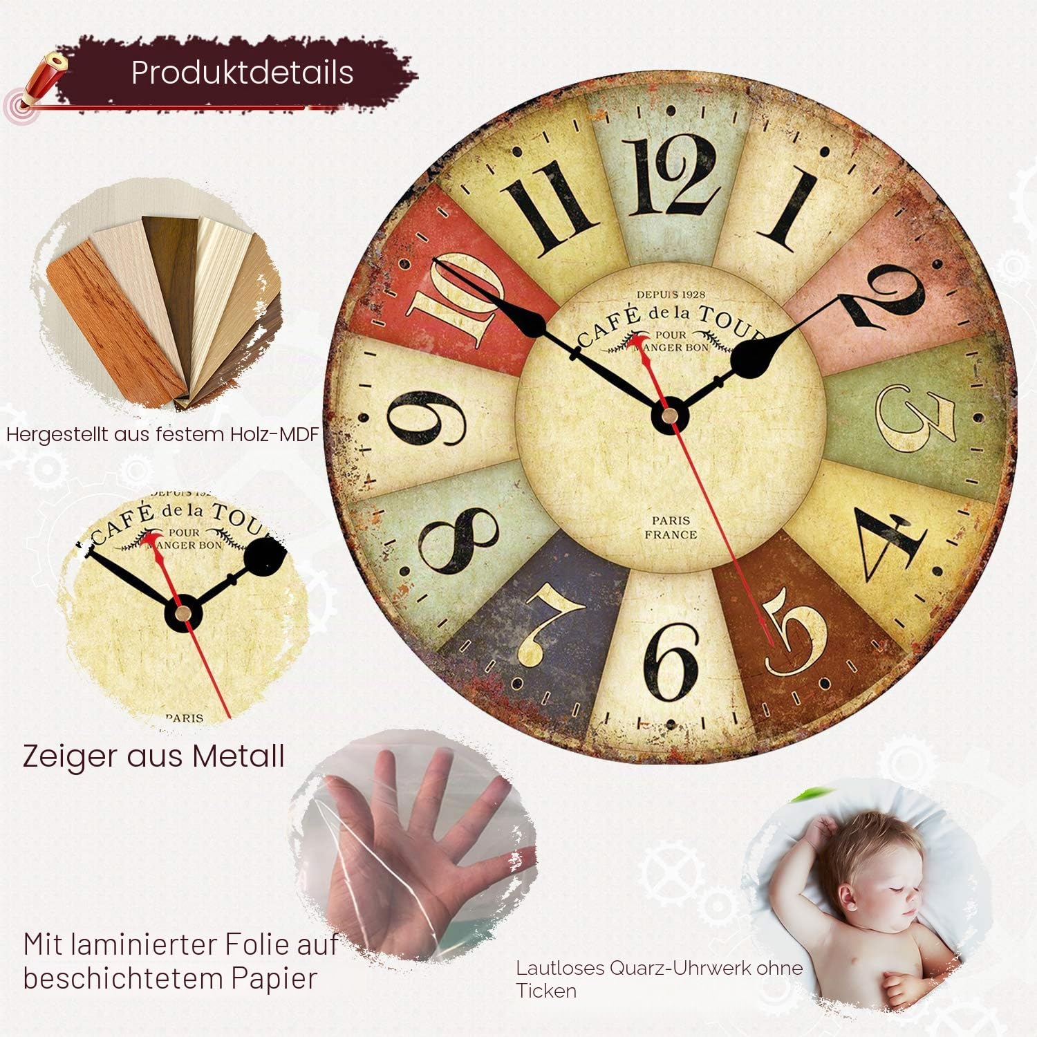 VIKMARI 34 cm Große Wanduhr Vintage Holz Dekorativ Lautlos Küchenuhr