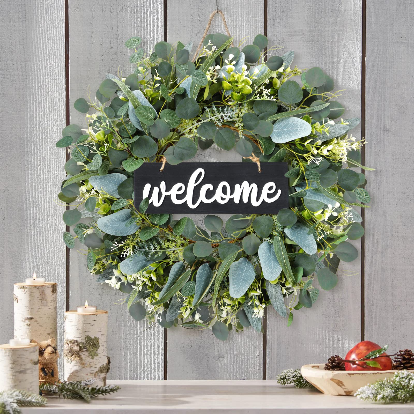 Dremisland Green Eucalyptus Wreath with Welcome Sign 22in Spring Summer Artificial Eucalyptus Wreath for Front Door Polytype Leaves Wreath for Wall Window Festival Farmhouse Patio Garden Decor (Black)