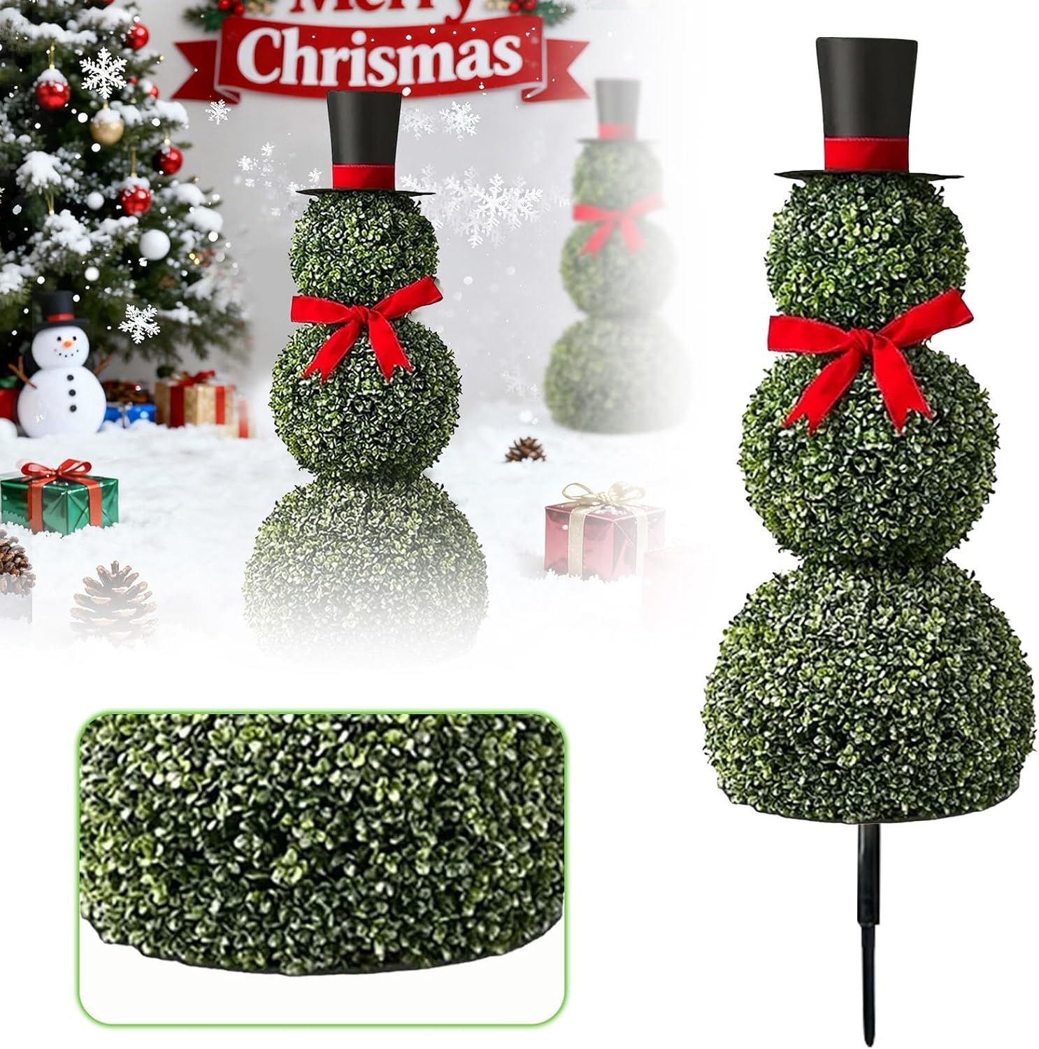 Christmas Snowman Topiary Trees Artificial Outdoor Plants - 32'' Boxwood Topiaries with Red Bow Hat Tie, Faux Topiary Outdoor Plants for Home Front Porch Door Decor Outside Garden