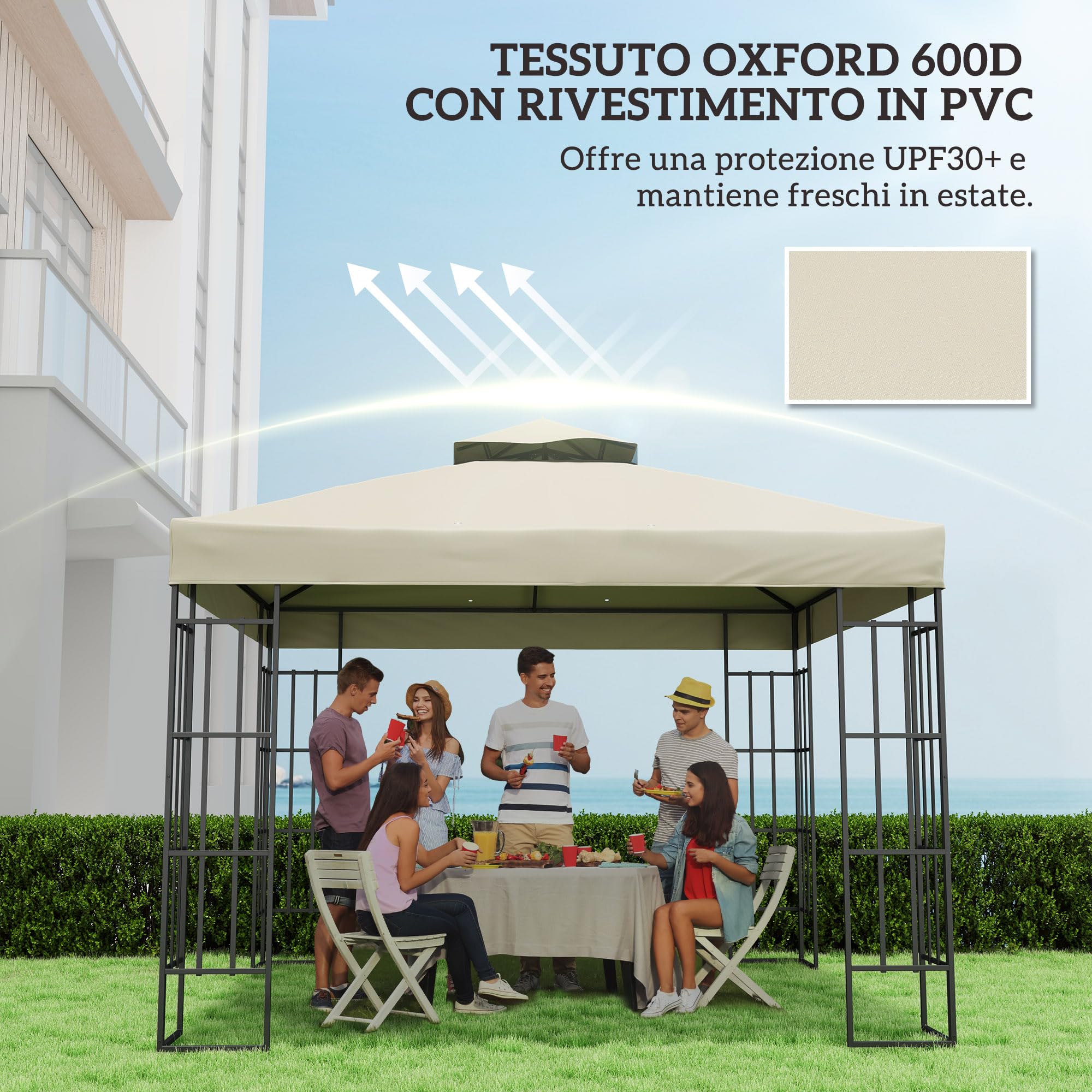Outsunny Tetto di Ricambio per Gazebo 3x3 m 2 Livelli, Telo Copertura Resistente all'Acqua in Tessuto Oxford 370g/㎡ Anti-UV 30+ con Fori di Drenaggio, Crema