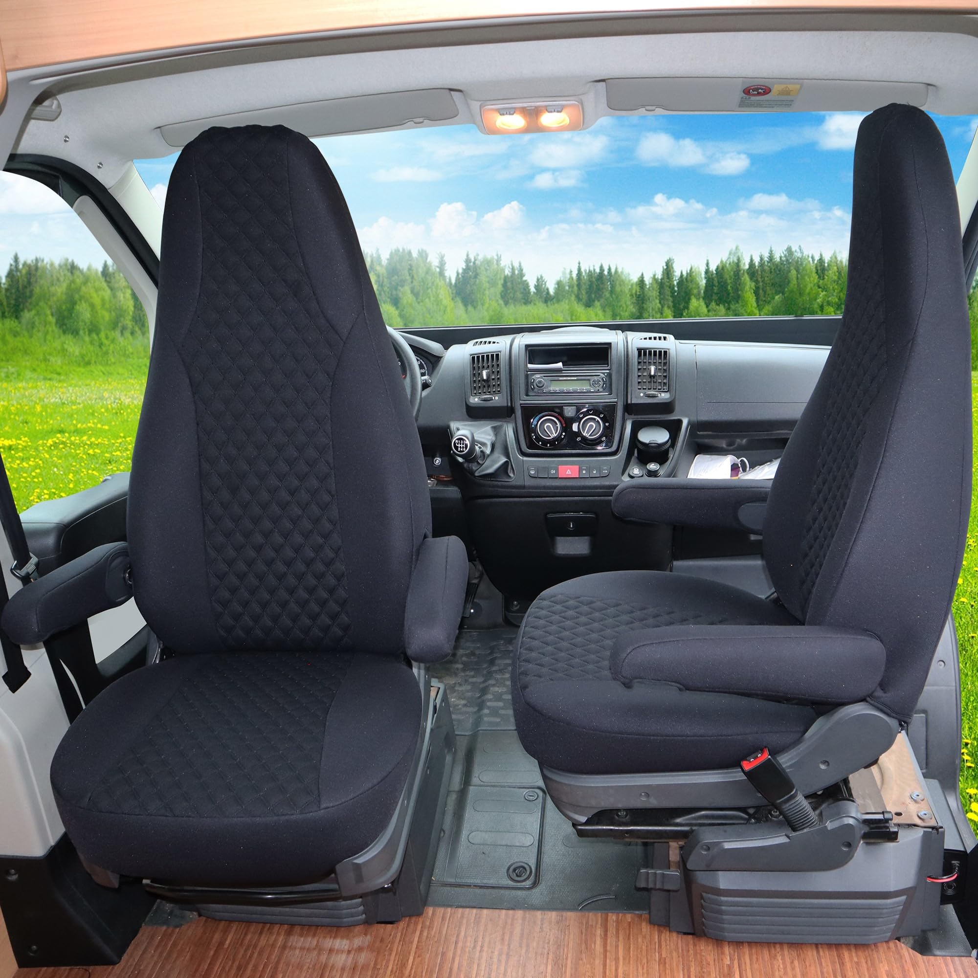 BREMER SITZBEZÜGE Maß Piloten Schonbezüge Sitzbezüge kompatibel mit Wohnmobil Camper Hymer Ducato Wohnmobil Zubehör | 2er Schonbezug Set inkl. Armlehnen-Bezüge in Schwarz | WMS704