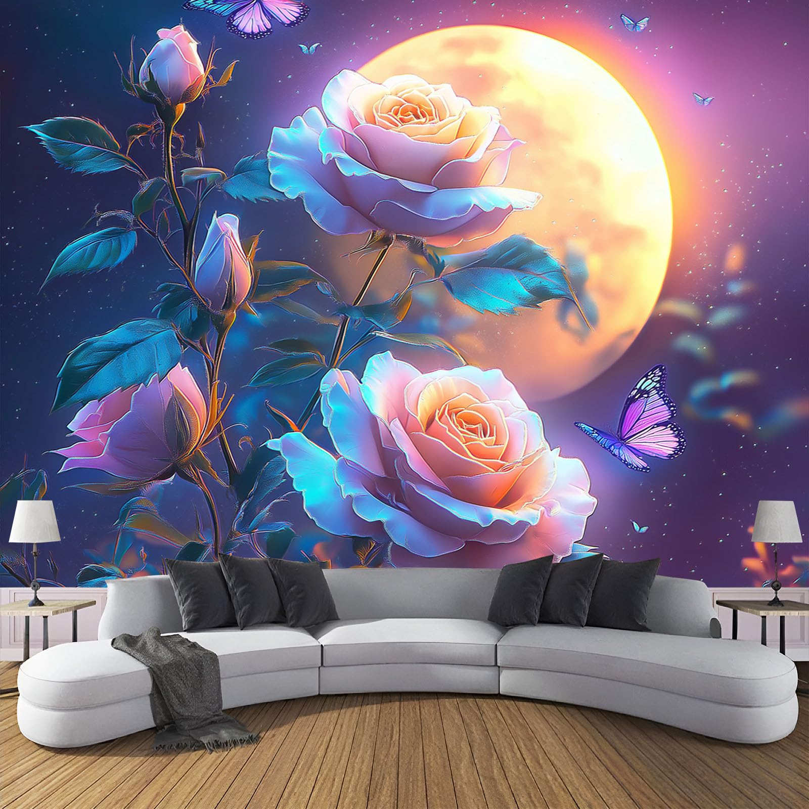 Papier Peint 3D Lune Rose en Tissu de Soie Moderne Géant