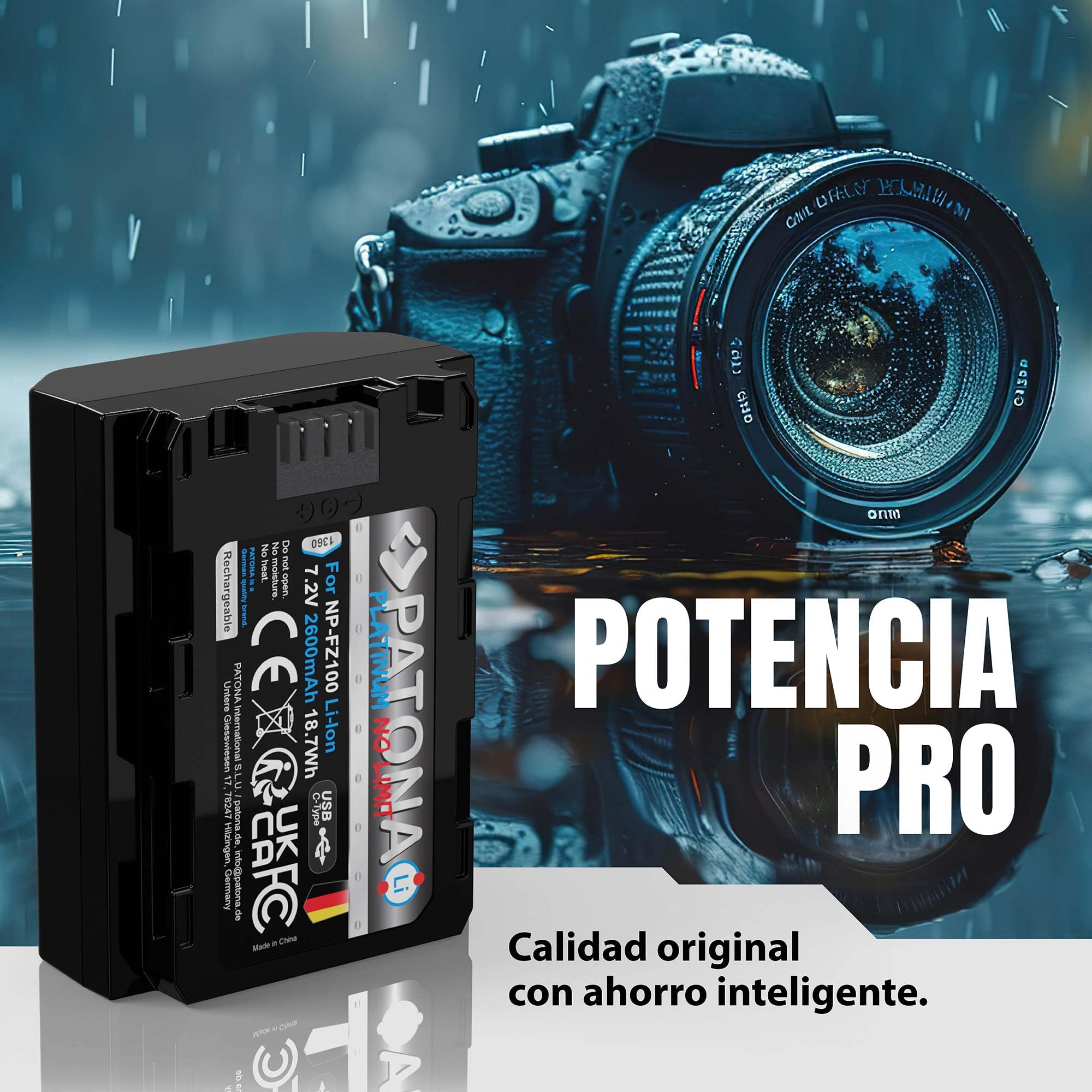 PATONA Platinum NP-FZ100 Batería 2600mAh con Entrada USB-C – Repuesto para Sony NP-FZ100 – para Alpha A1, A7 III IV, A7C, A7R III-V, A7S III, A9, A6600, ZV-E1, FX3 FX30 – Carga sin Cargador