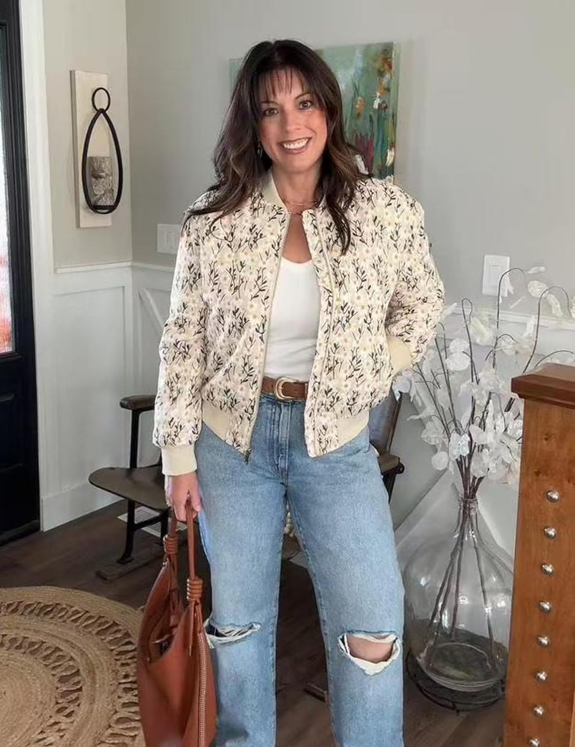 Women’s Floral Bomber Jacket Cropped Zipper Down Long Sleeve Daisy Padded Coat Outwear with Pockets - Image 3