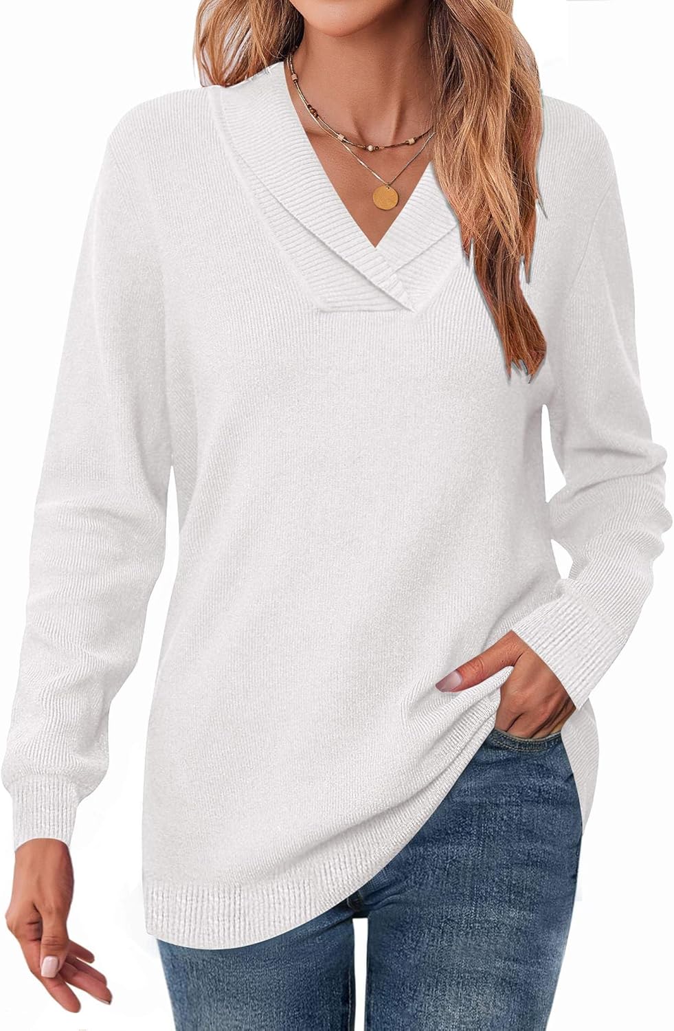 Zeagoo Womens Sweaters Fall Fashion 2025 Long Sleeve Tops V Neck Business Casual Collared Knit Tunic Pullover Outfits