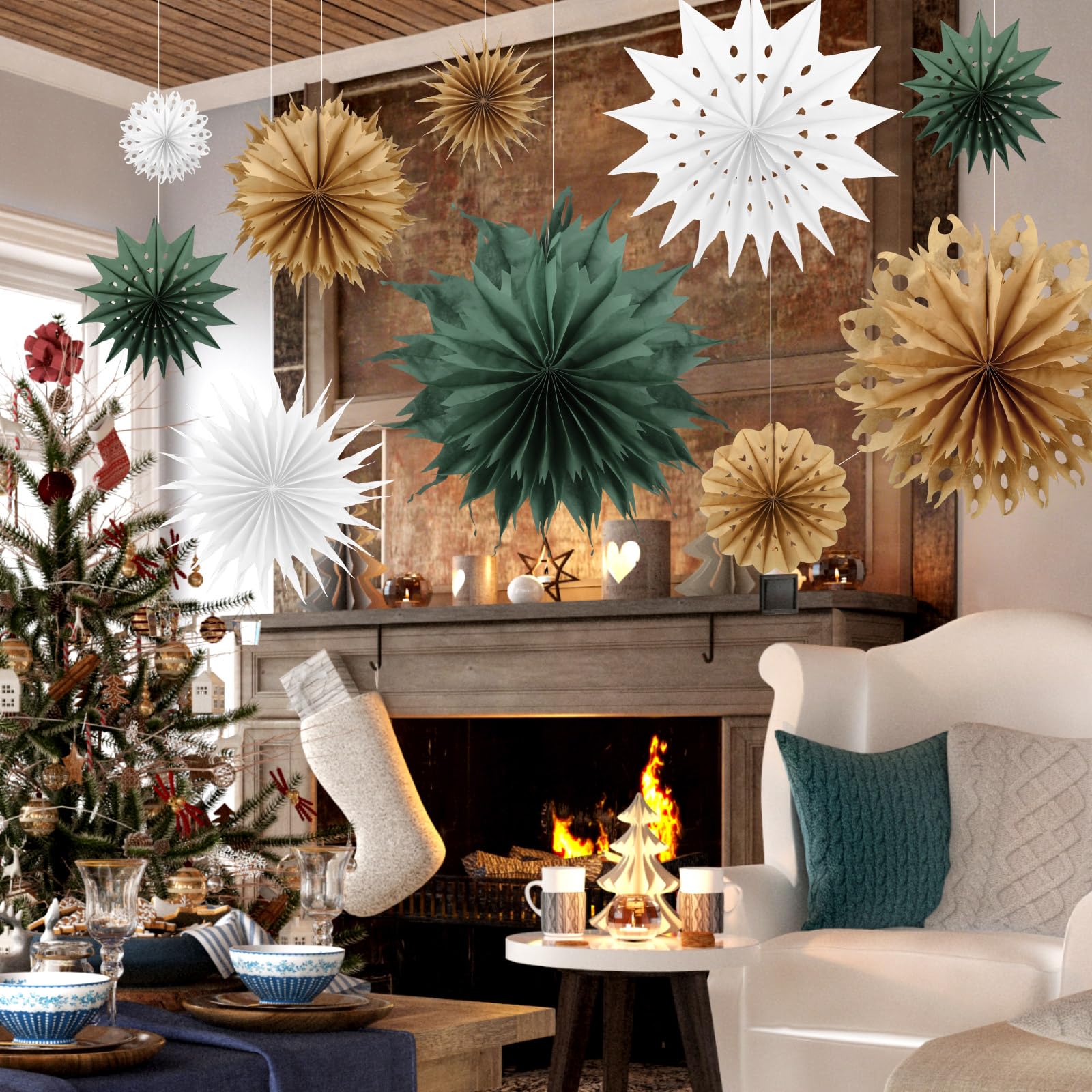 Epakh 18 Pcs Christmas Paper Snowflakes Hanging Bulk, Classic, Natural