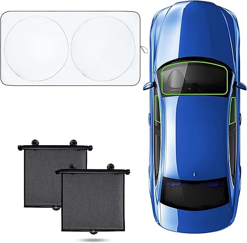 EcoNour Parasol para ventana lateral de automóvil de 15 x 17 pulgadas (paquete de 2) + parasol para parabrisas de automóvil  Accesorios para el