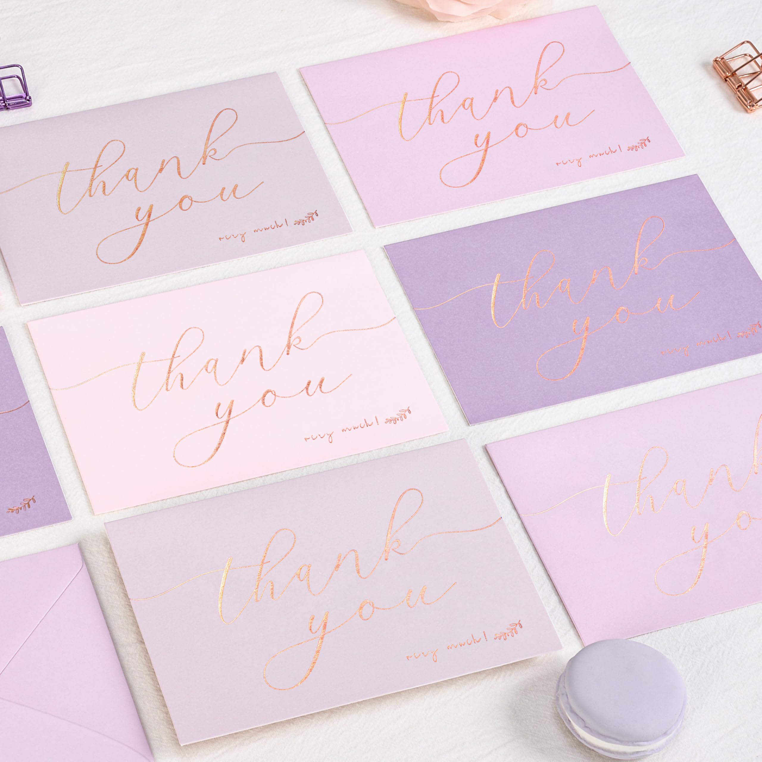 Crisky 50 tarjetas de agradecimiento de tono lavanda con sobres y calcomanías, tarjetas de felicitación simples y elegantes, perfectas para bodas, negocios, cumpleaños, graduación, 4 x 6 pulgadas
