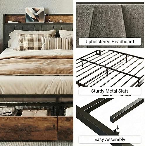 Miniatura 8 de LIKIMIO Base de cama tamaño King, cabecera de almacenamiento con estación de carga, cama de plataforma con cajones, no necesita somier, fácil Marrón