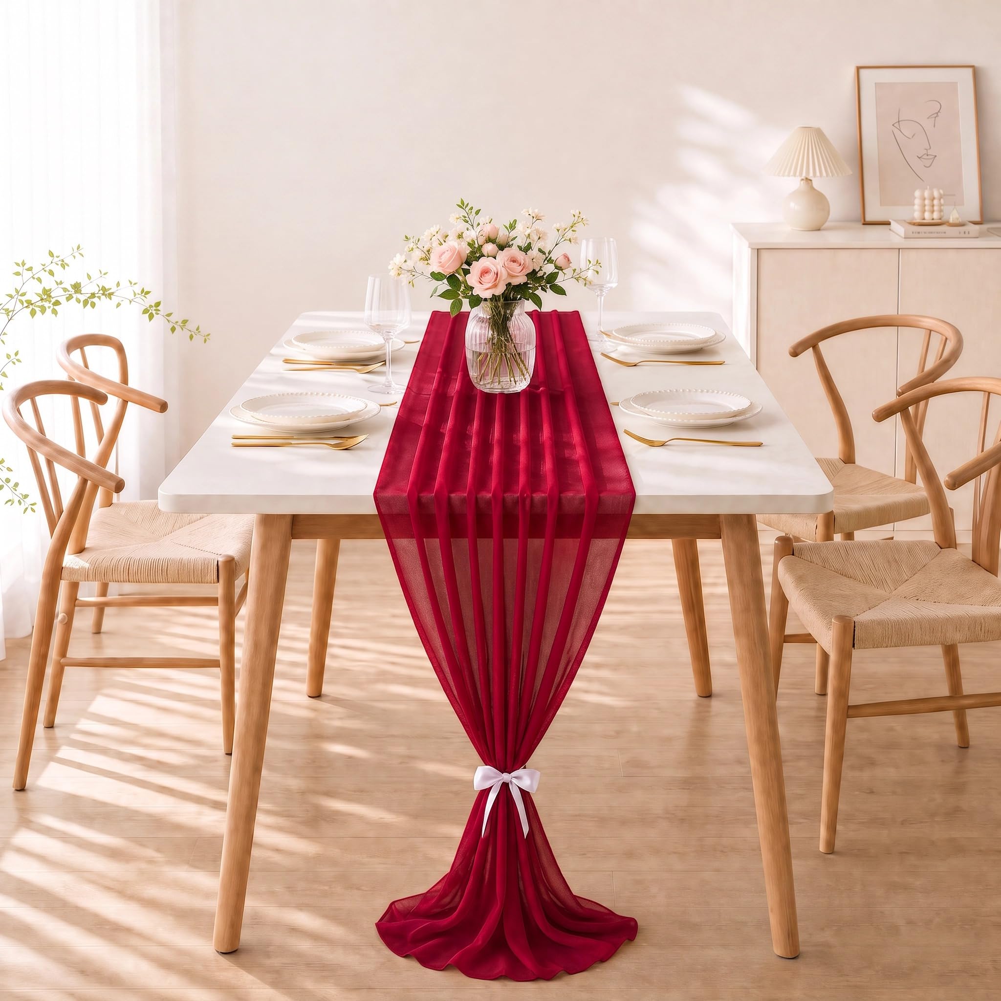 Artoid Mode Boho Dusty Pink Cheesecloth Gauze Table Runner, Fabric Dining Table Decor for Wedding Party Home Holiday Kitchen,red