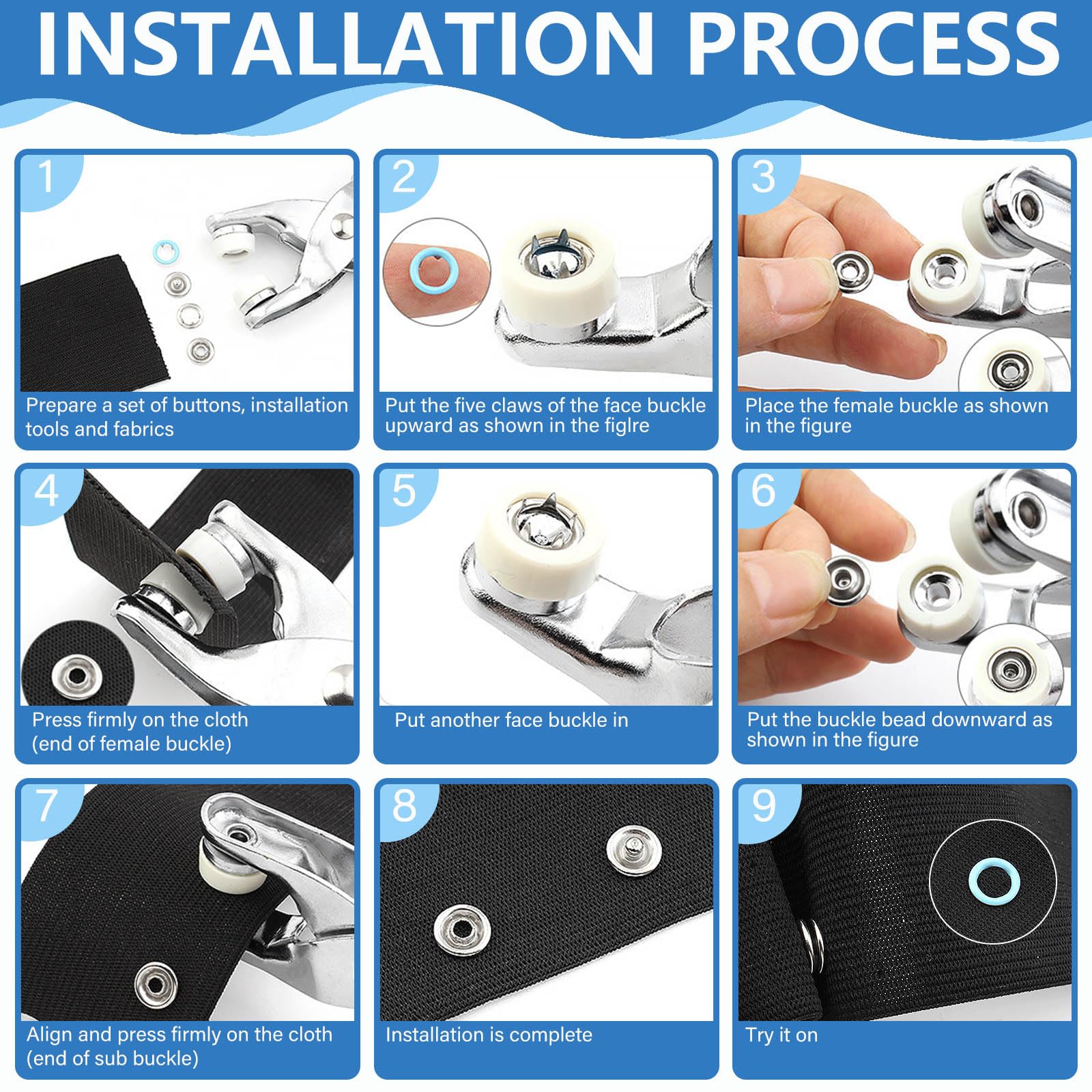 ASTIMESA 200 Sets Druckknöpfe Kit, 9,5 mm Metall Druckknöpfe für Stoff mit Verschluss Zange Presswerkzeug, Button Snaps Reparaturset für Kleidung Nähen Basteln Leder Kleid Jeans (hohl)