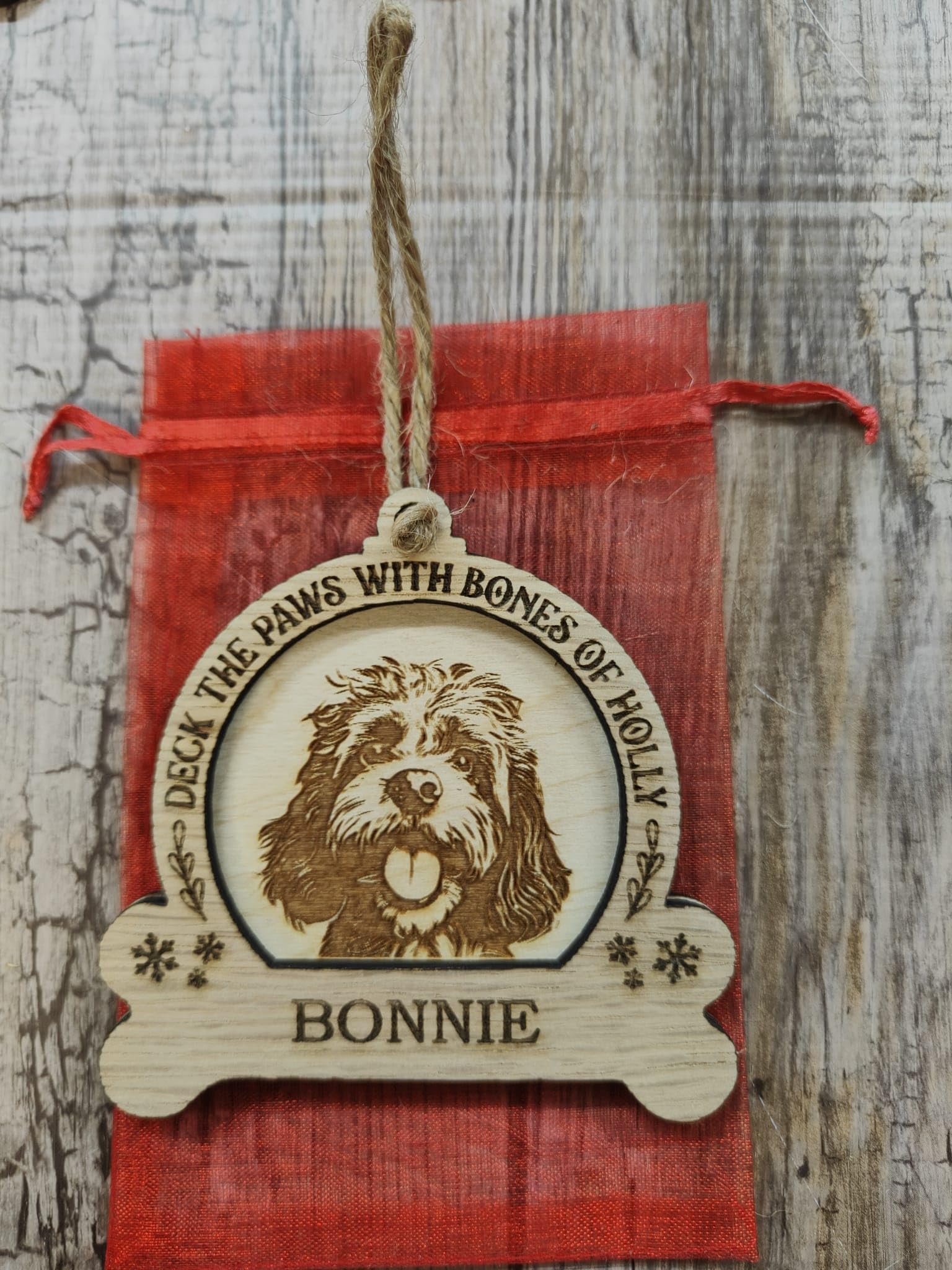 Personalised bauble Cockerpoo dog pet xmas tree decoration secret Santa bauble Christmas engraved wooden birch plywood oak