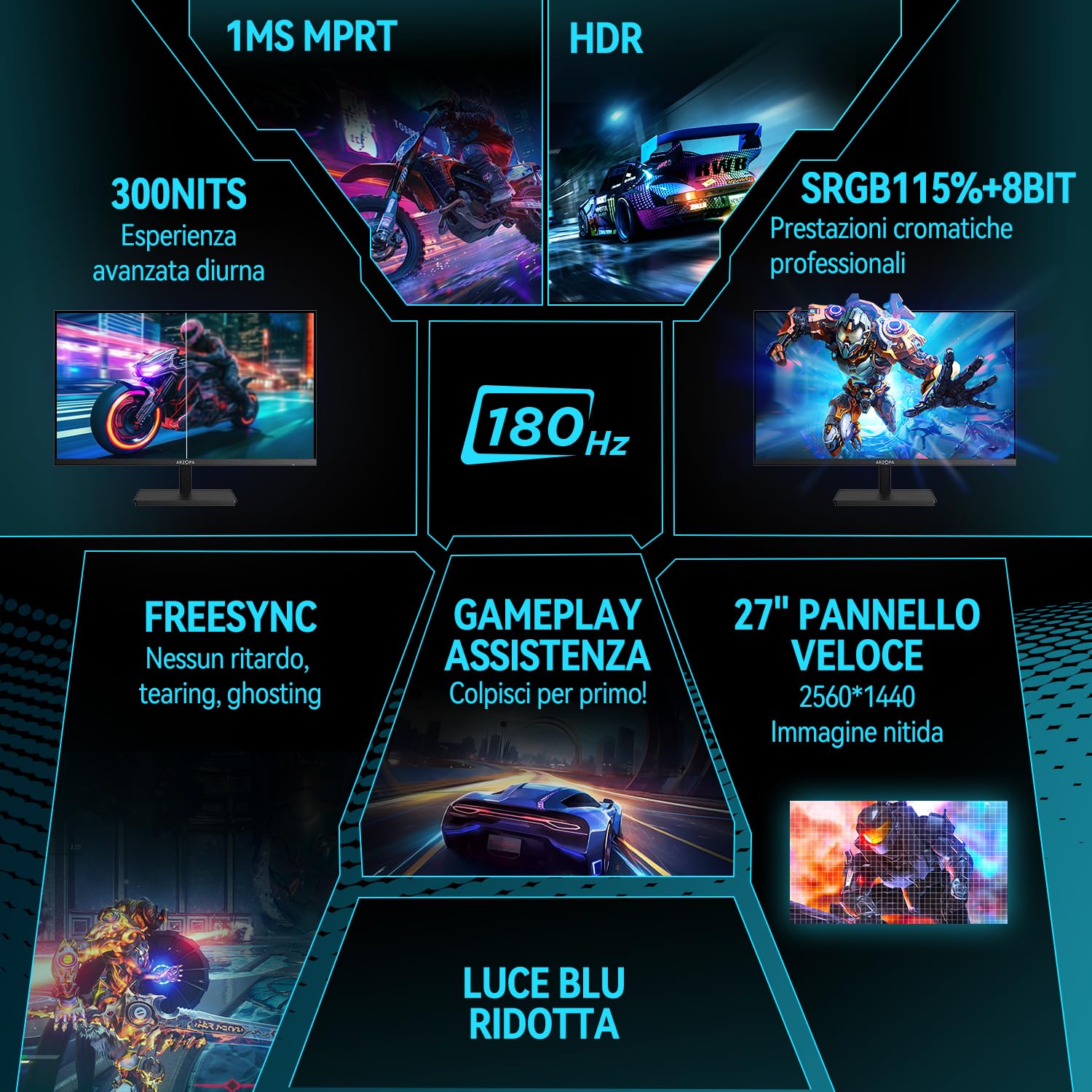 ARZOPA Monitor Gaming 27 Pollici 180Hz 2K QHD IPS 2560x1440 Schermo PC Gaming 1ms 115% sRGB, Eye Care, Compatible G-Sync, AMD FreeSync, Display Port1.4, HDMI 2.0, TYPE-C