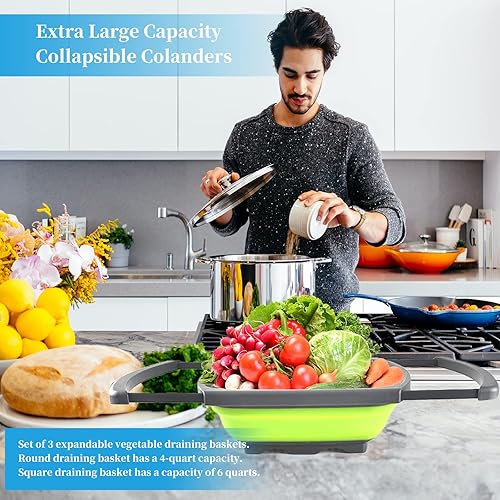 Miniatura 6 de Coladores plegables con asas, juego de 3-1 pieza de 6 cuartos de galón, 2 unidades de 4 cuartos de galón, coladores plegables de silicona para