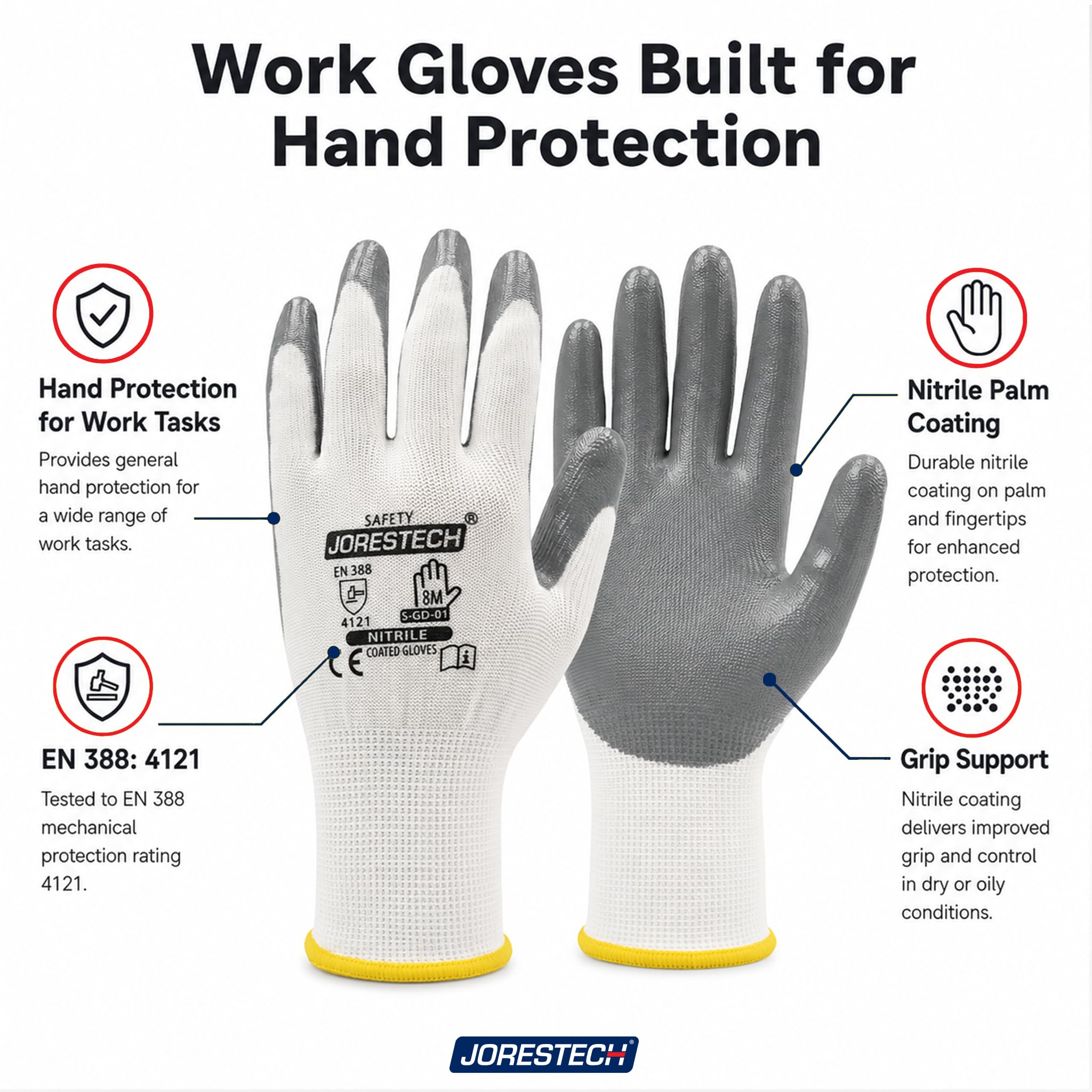 JORESTECH Safety Work Gloves White Polyester Knitted Fiber with Grey nitrile Coating Pack of 12 GD-01 (rozmiar 9-L)