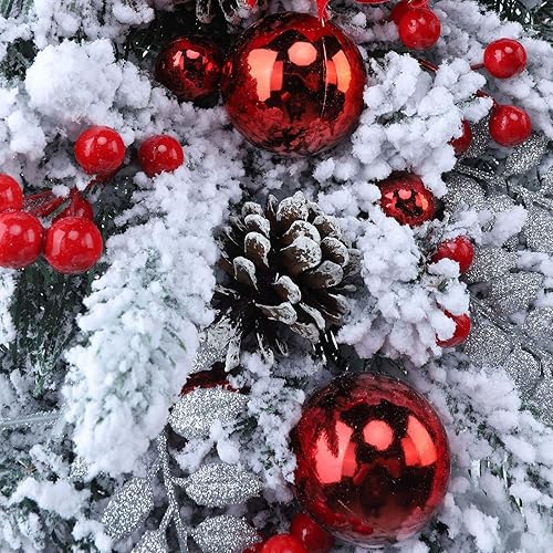 Miniatura 9 de Corona de Navidad artificial de 17.7 pulgadas con luces decoradas con lazo grande, conos de pino, racimos de bayas, ramas esmeriladas, colgante para