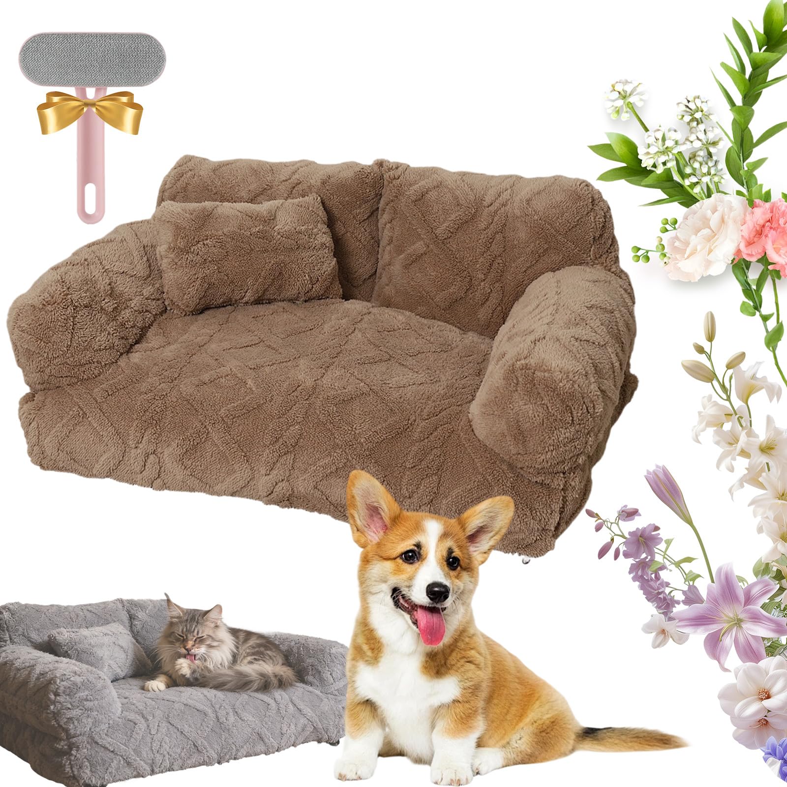 Snrtevu 2026 New Plush Calming Pet Sofa Bed, Plush Calming Pet Sofa Bed With Removable Cover, Washable Orthopedic Dog Bed With Edge, Increases Deep Sleep, Reduces Separation Anxiety (Khaki,80 * 50cm)