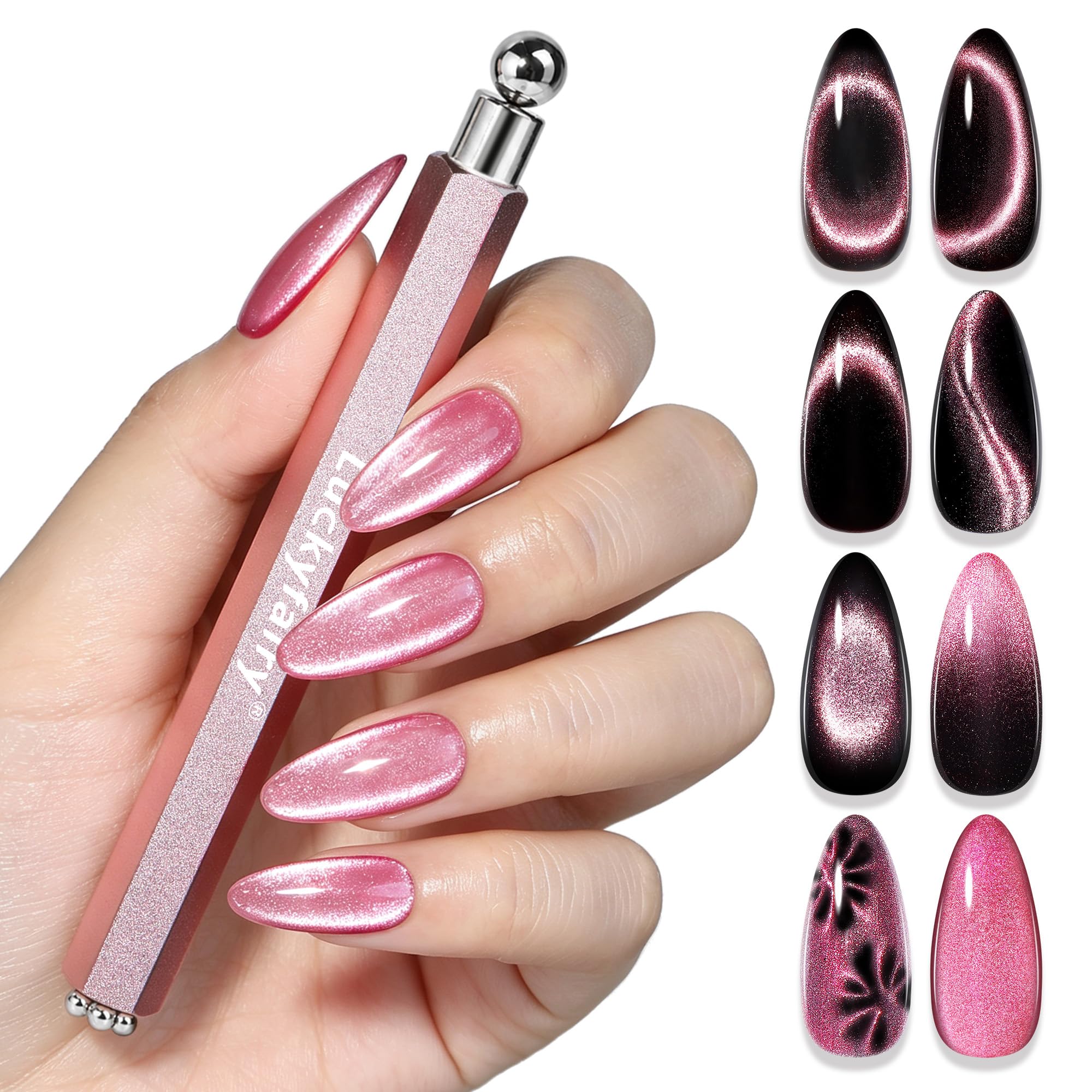 Luckyfairy 3-in-1 Cat Eye Magnet Nail Art Tool, Round, Cylinder and Flower Magnet Nail Art Pens for French, Black Hole, Floral and Classic Cat Eye Effects, DIY Manicure (No Gel Included)