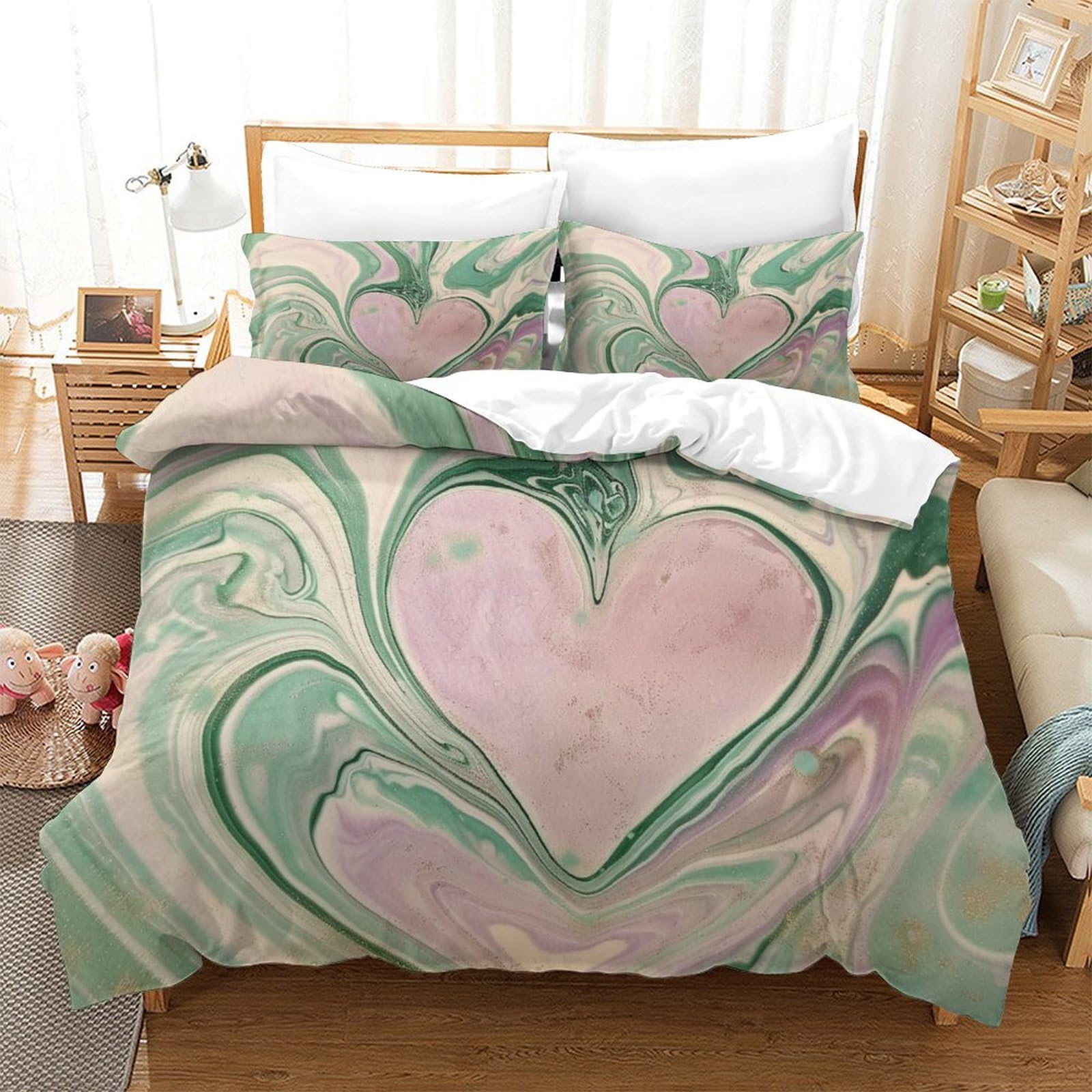 P1S9U7W5Y 3D Printed Pastel Heart Duvet Cover Set 3pcs Microfiber Marble Heart Bedding Set Super king（260x220cm）