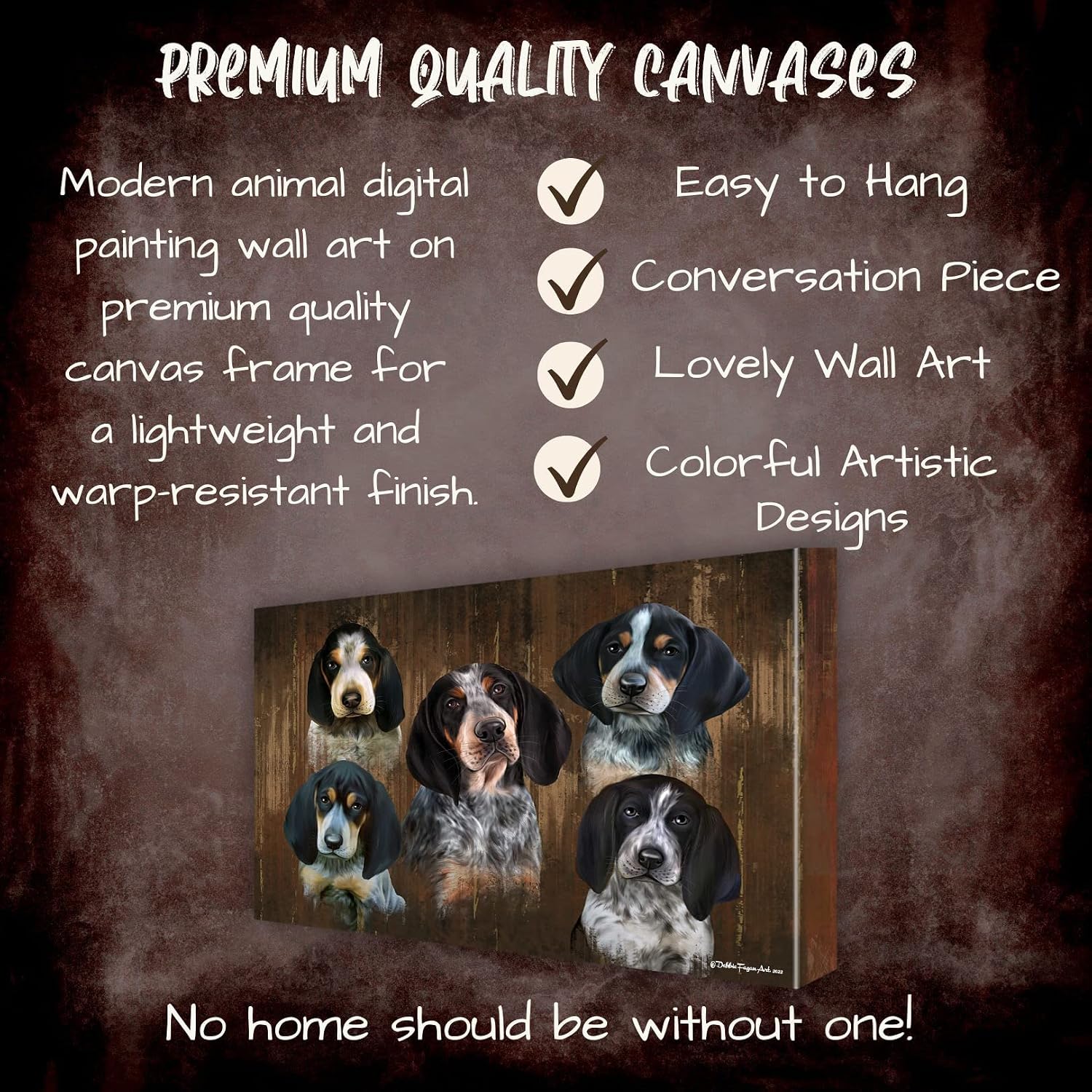 Rustic 5 Heads with Bluetick Coonhound Dogs Canvas Wall Art - Premium Quality Ready to Hang Room Decor - White Floating Framed 16" x 16"