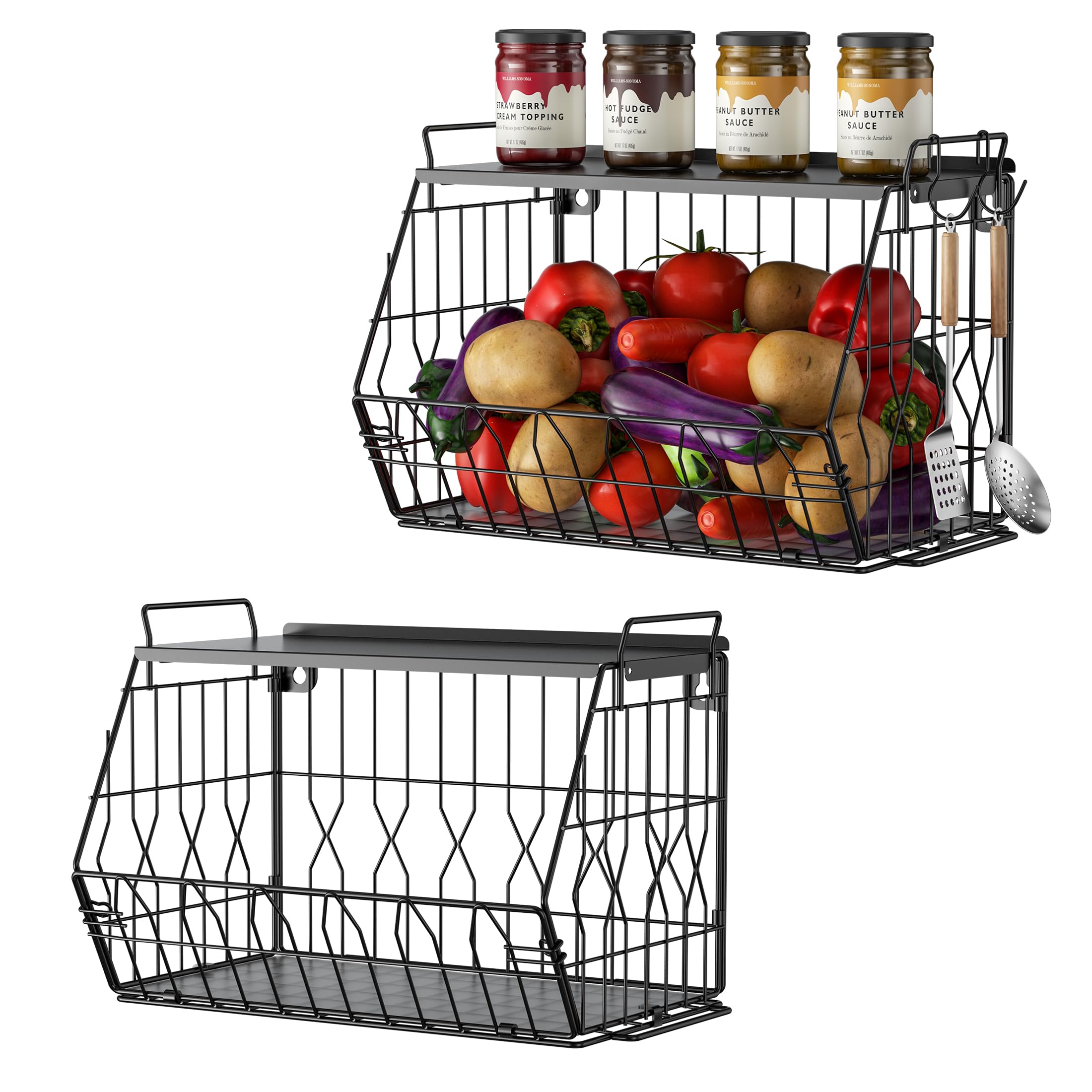 Ezprotekt Paquete de 2 cestas de frutas apilables con tapas de metal, cesta de frutas, cestas de frutas apilables montadas en la pared, cestas de patatas, almacenamiento de cebollas para cocina, cesta