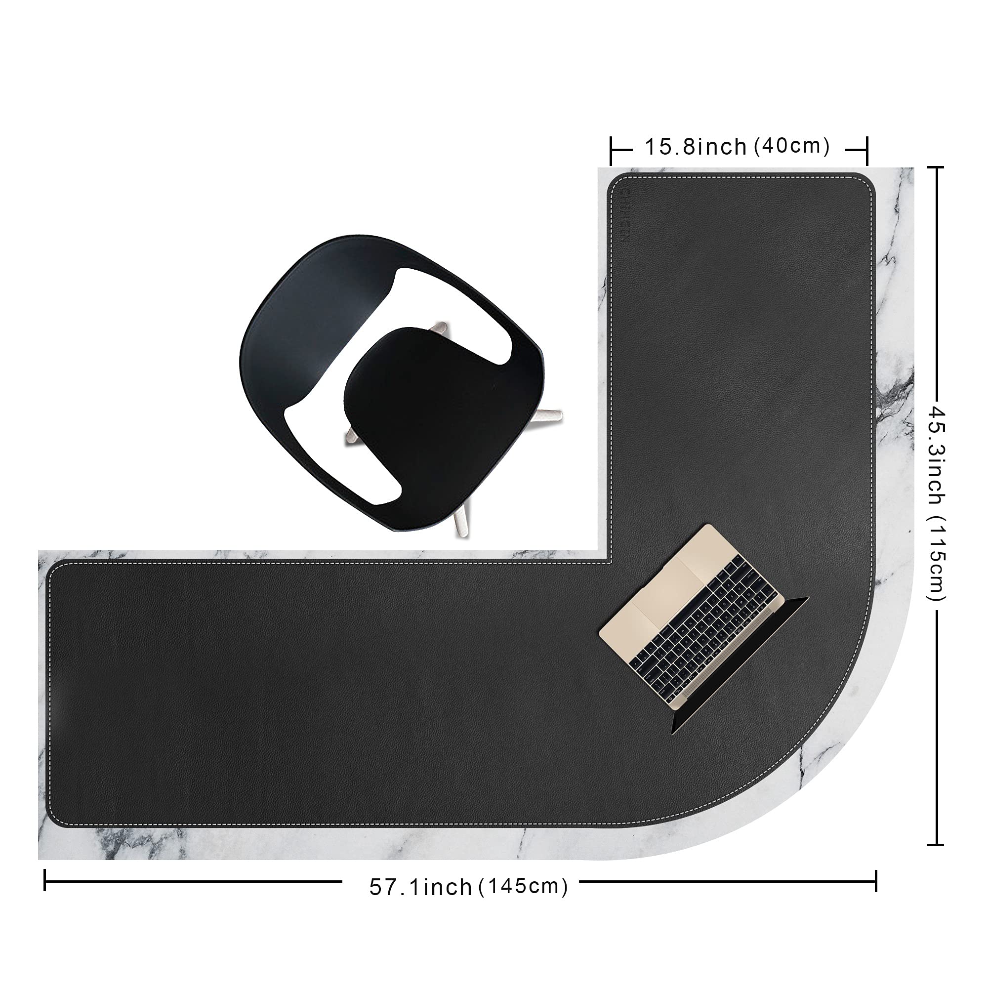 Chihein L-förmiger Schreibtisch PU-Leder Mauspad, Eckschreibtisch Schreibtischunterlage, Großer Doppelseitige Wasserdichte Bürotisch Unterlage (115+145) x40CM (Schwarz/Grau)