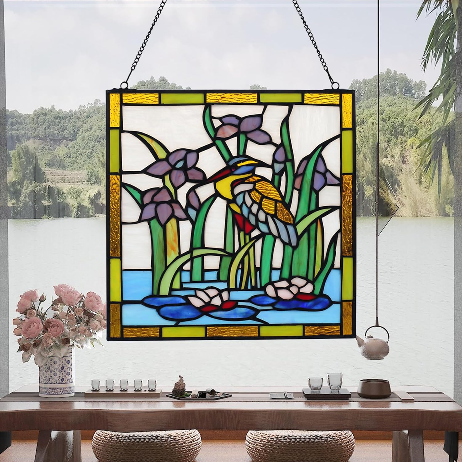 YOURANJU Kingfisher Stained Glass Window Hanging Tiffany Style Handmade 12" Bird and lotus Window Panel Housewarming Gift Perfect for Living Room Bedroom Kitchen Window Decoration Hangings with Chain