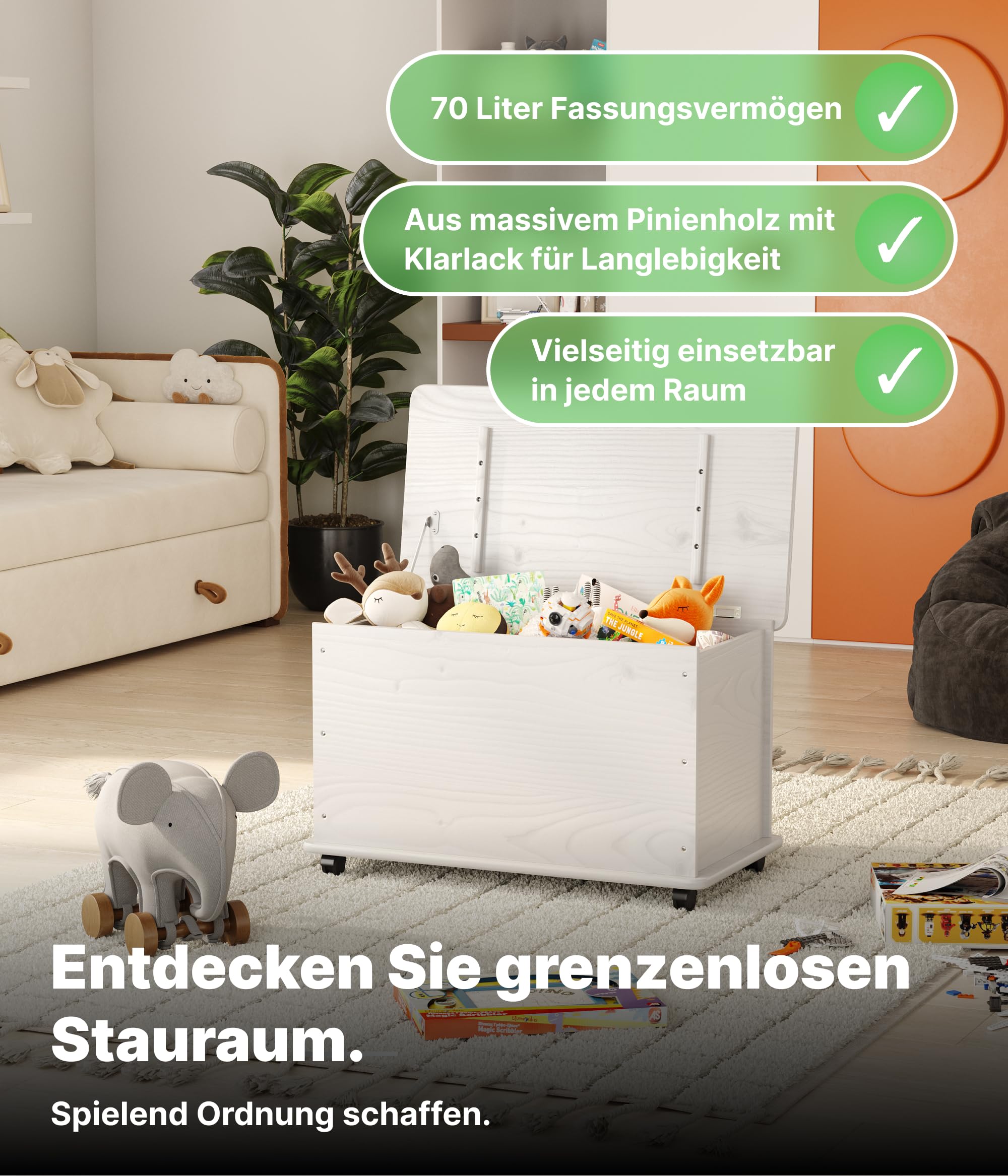 KMH® Premium Spielzeugkiste Holz Weiß mit 4 Doppelrollen und Deckel, 70L Spielzeugtruhe aus massivem Pinienholz, Sitztruhe Holztruhe Aufbewahrungsbox Kinderzimmer Stangenscharnier 73x40x43,5 cm
