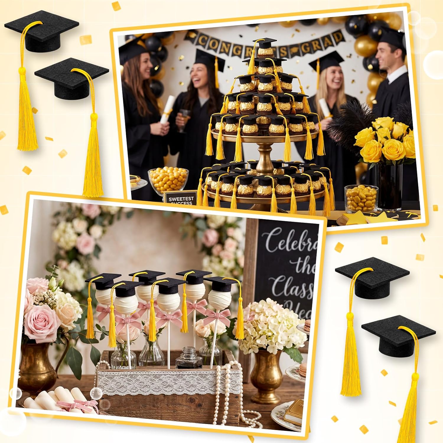 Flutesan Mini Graduation Caps with Tassel Graduation Lollipop Topper Felt Grad Black Hat Decoration 2026 Grad Party Supplies