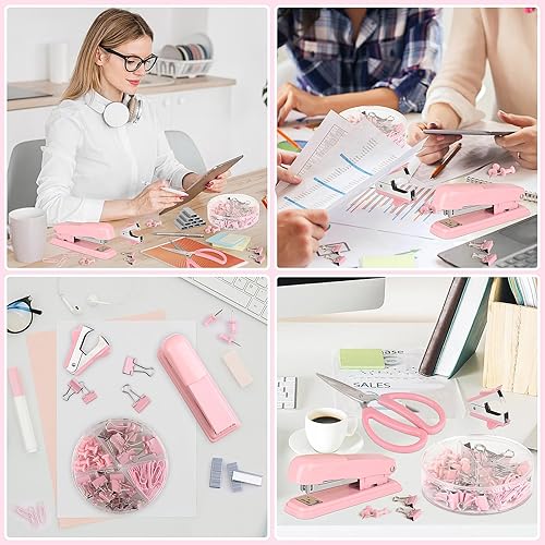 Miniatura 3 de Grapadora rosa, suministros de oficina rosa, juego de accesorios de escritorio para mujer con grapadora, removedor de grapas y 1000 grapas, clips,