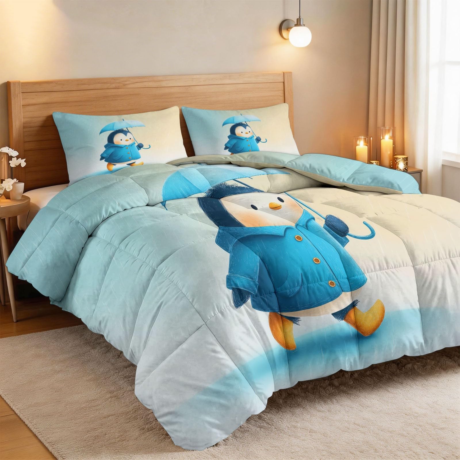 Pinguin Mit Regenmantel Und Regenschirm Bettdecke 155 x 220 cm 4 Jahreszeiten Steppdecke, Lustiger Cartoon Ganzjahresdecke Kleinkinder Bettwaren Set Babyzimmer Kinderzimmer Bettdecke Ohne Bezug