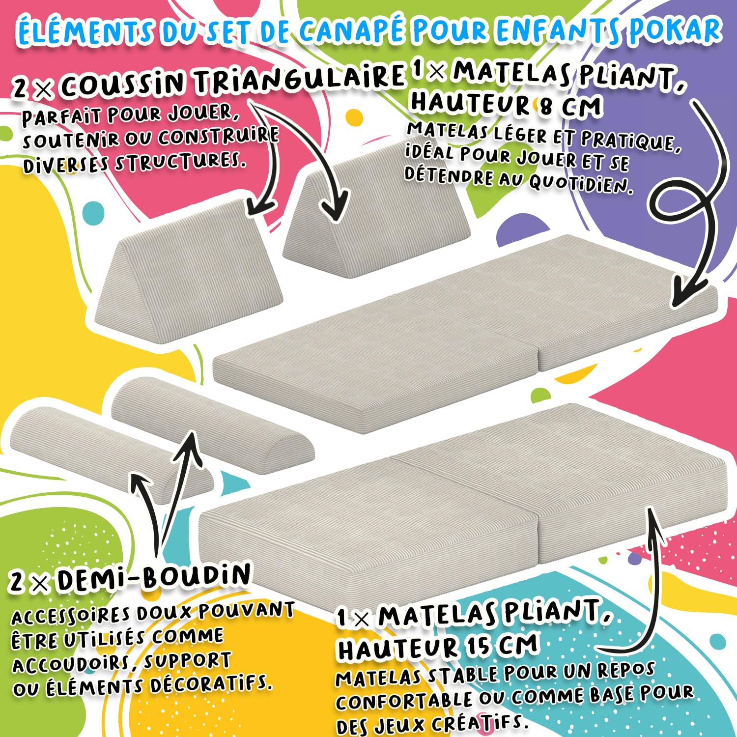 POKAR Canapé Enfant Convertible Velours Côtelé | Canapé Modulable Enfant en Mousse | Possibilités de Jeux Infinies pour Chambre d'enfant | Certifié Oeko-TEX | Brun Chocolat