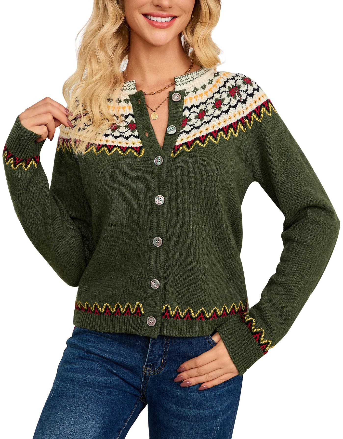 Kedera Womens Cardigans Casual Long Sleeve Chunky Knit Fall Winter Button Down Fair Isle Cardigan Sweaters