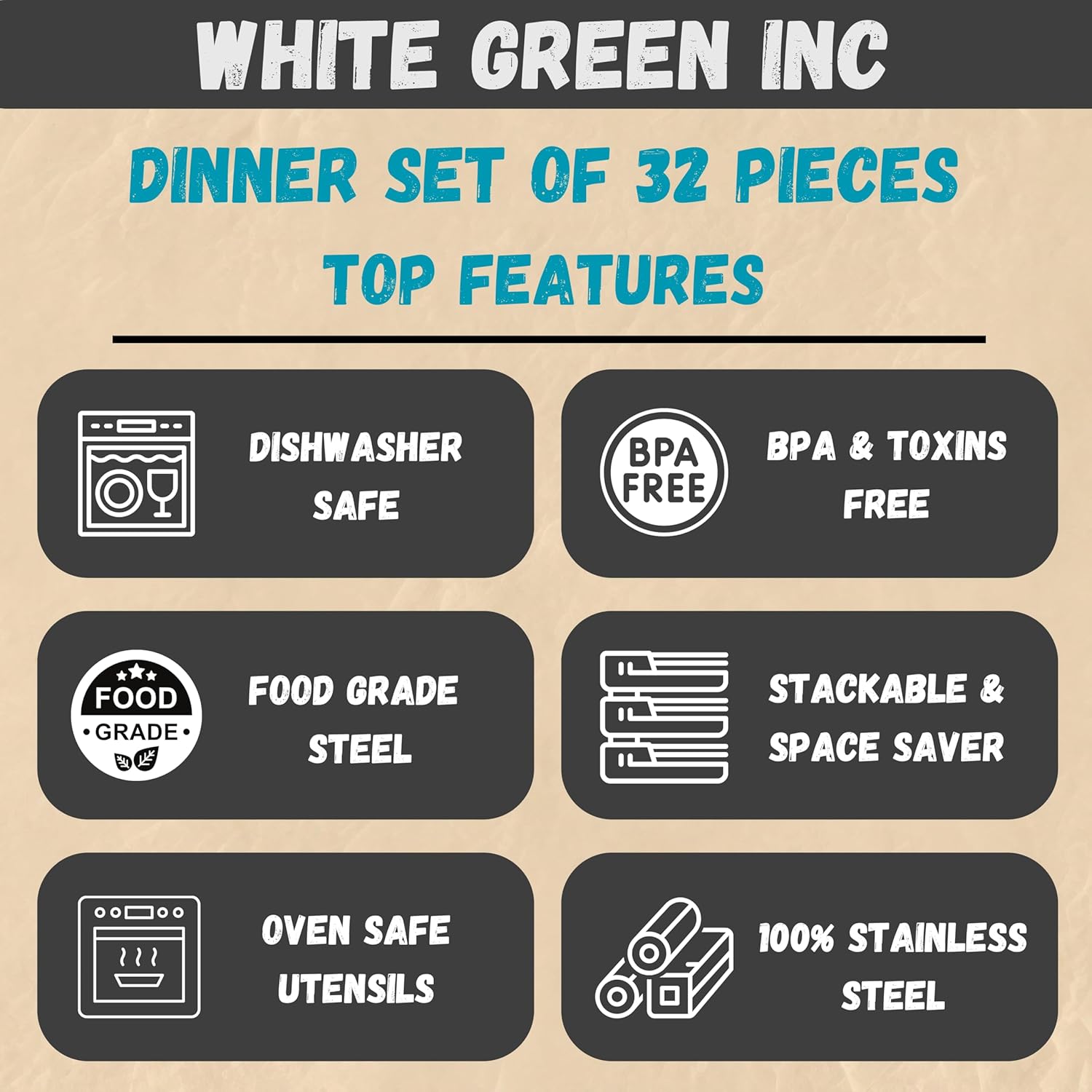 Stainless Steel Dinnerware Set of 32 Pcs (Dinner Plates, Cups, Dishes, Bowls) Metal Dinnerware Sets, Dishwasher Safe, Reusable Dinner Set for Home Kitchen Camping - Service for 4