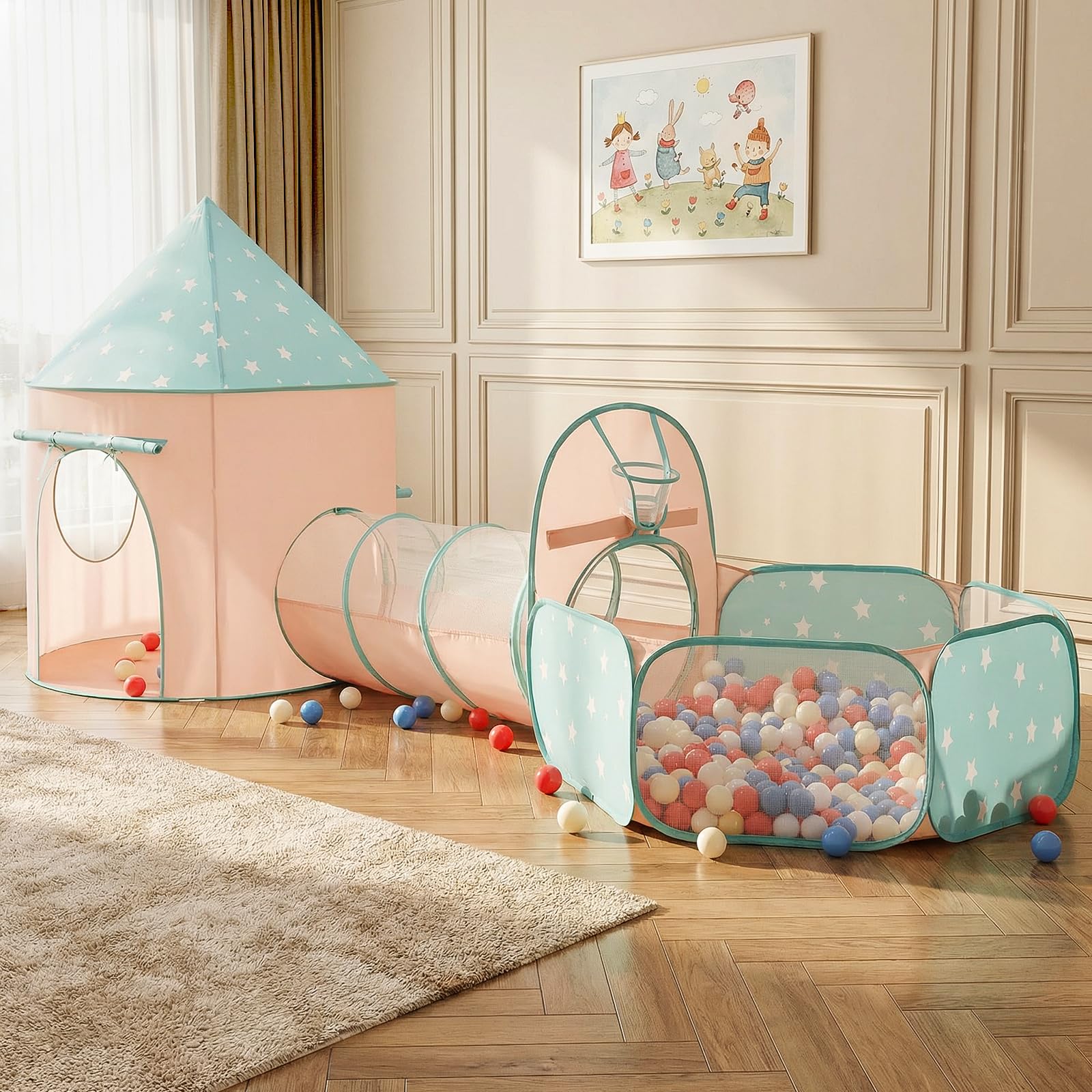 SISTICKER 3 en 1 Pop-up Tunnel Tente Enfant: Tente de Jeux Enfant Interieur Extérieur Piscine a Balle pour Bébé - des Jouets et des Cadeaux Portables et Amusants(Orange Green)