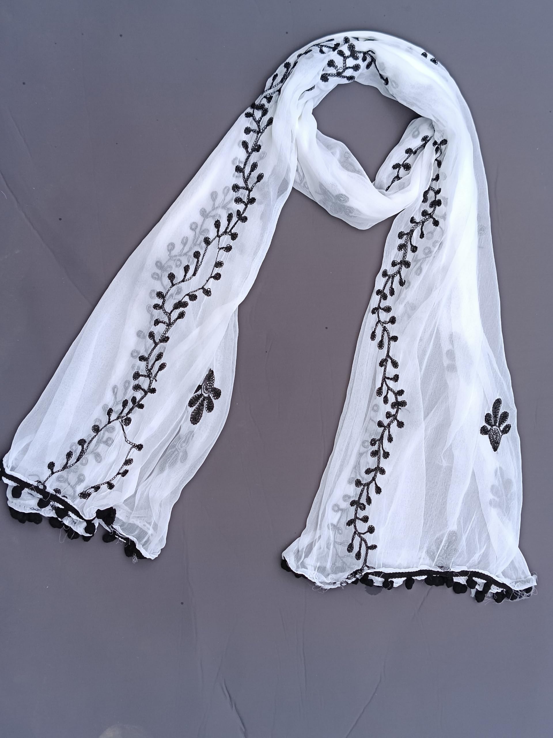 NORTH FASHION Chiffon Embroidered, Applique Women Dupatta (WHITE DUPATTA BLACK EMBROIDERY CHIFFON) - AB8871-image-40