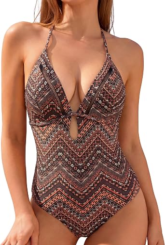 LIZENS Womens Halter Neck Swimsuit One Piece V-Neck Swimwear Ethnic