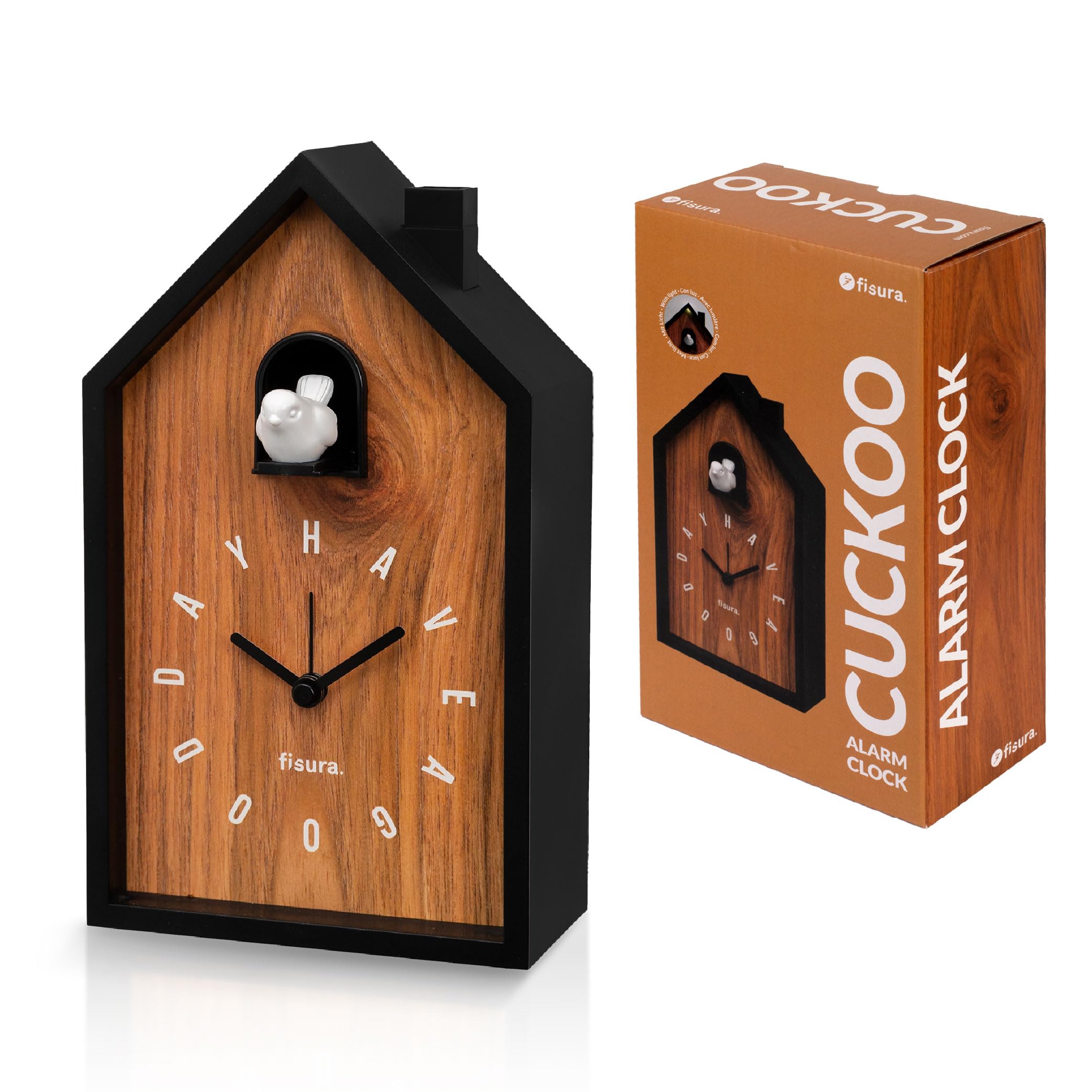 Fisura - Cuckoo Alarm Clock House Wood Original Analog Alarm Clock with Hands, Snooze Button and Light, Original Gift, 3 AA Batteries (Not Included)