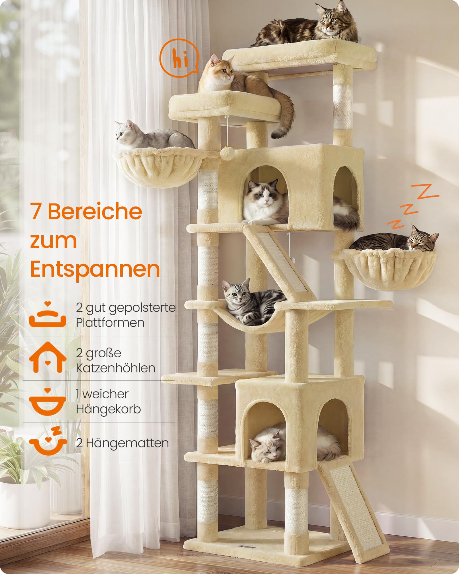 Feandrea Kratzbaum groß, XXL Katzenbaum mit Kratzbrettern und Sisal, Kletterbaum für Große Katzen, 55 x 45 x 206 cm, Beige, für Mehrkatzenhaushalt, Clawfy Kollektion PCT021Y101
