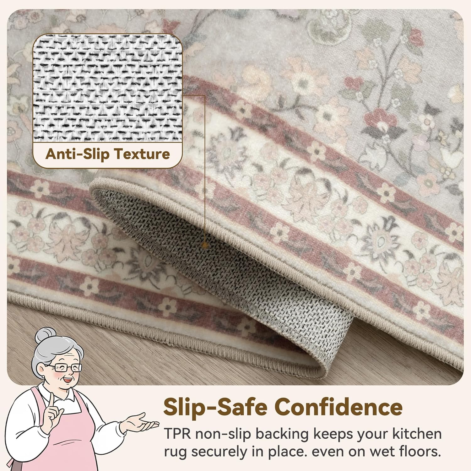 GRANNY SAYS Boho Bathroom Runner 47"x 18" Non-Slip,Quick Dry & Washable Vintage Bath Rug,Distressed Farmhouse Plush Velvet Bath Mat for Sink Shower and Bathtub, Flower Beige