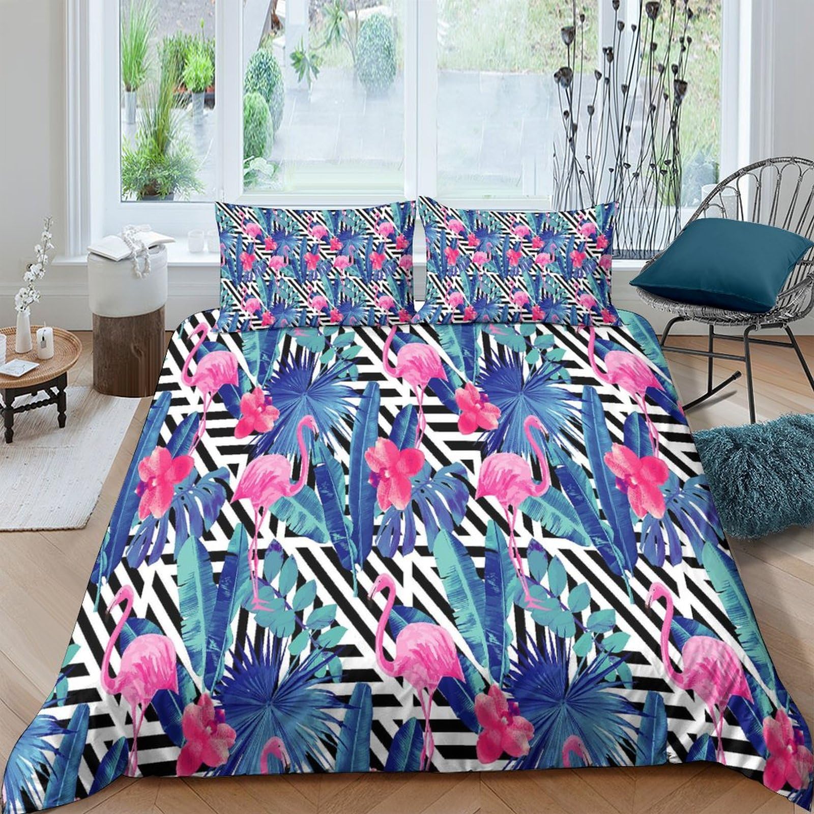 Parure de lit 3 pièces imprimé tropical 3D toucher doux avec taies