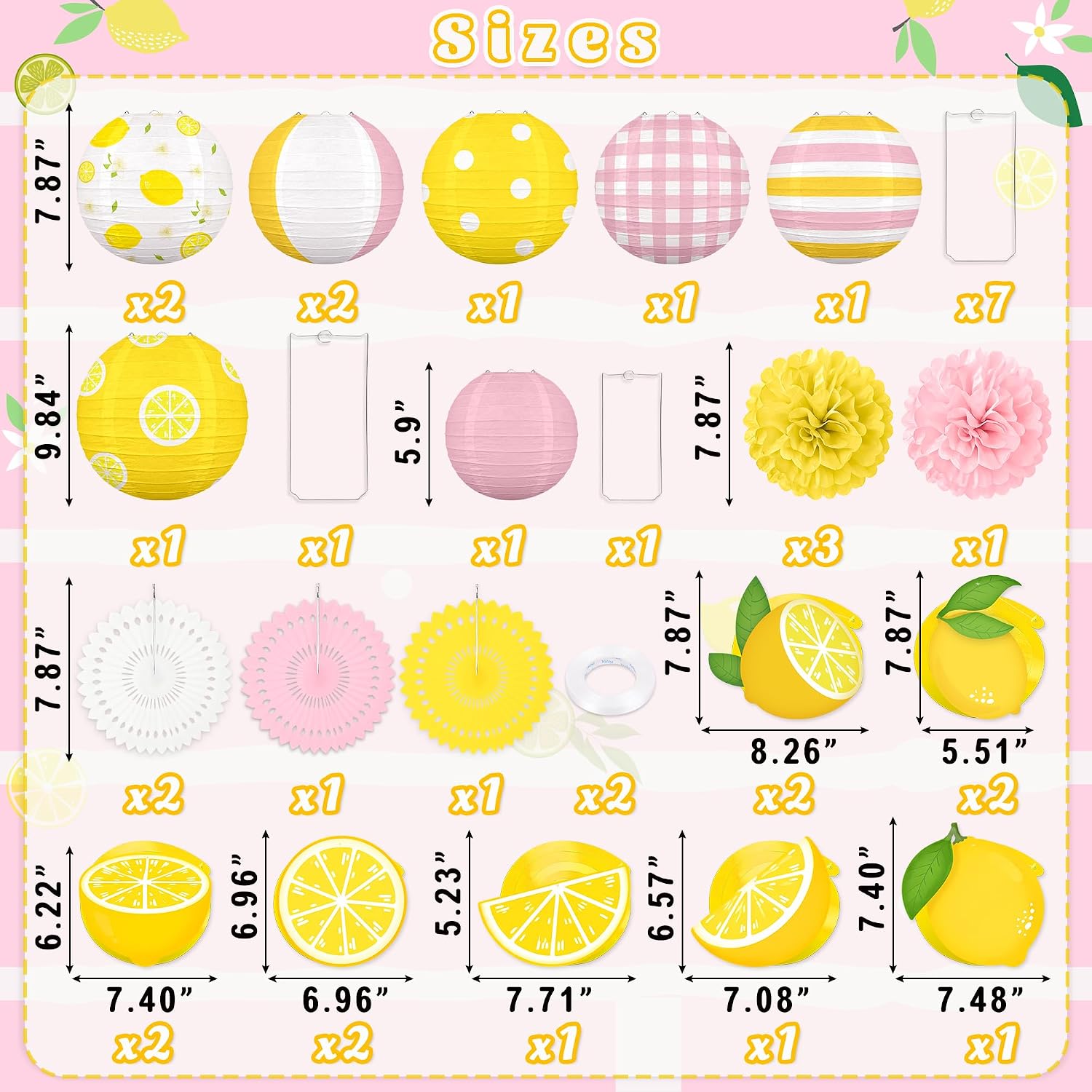 Renbuzhu 28Pcs Summer Lemon Party Decorations Pink and Yellow Set | Paper Lanterns,Paper Fans,Pom Poms,Hanging Swirls,Lemonade Stand Setup,Decor for Fruit Party, Birthday,Baby Shower,Graduation