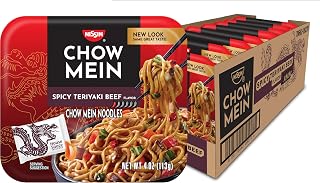 Nissin Chow Mein Spicy Teriyaki Beef Noodles - 10g Protein, No Added MSG, Microwavable Trays, Pack of 8 (4oz Each)