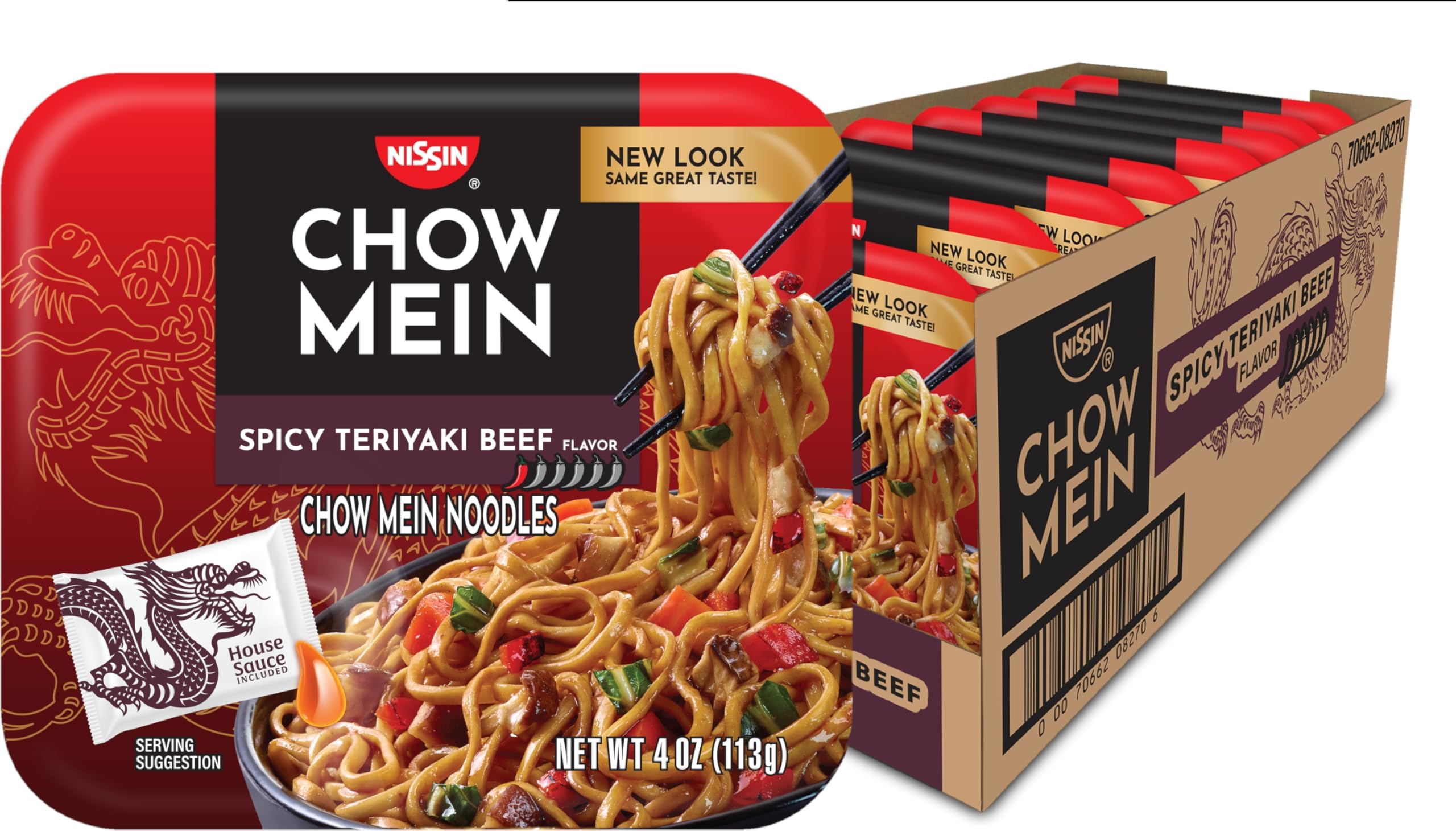 Chow Mein Noodles, Spicy Teriyaki Beef, 10g Protein, 4 Ounce (Pack of 8)