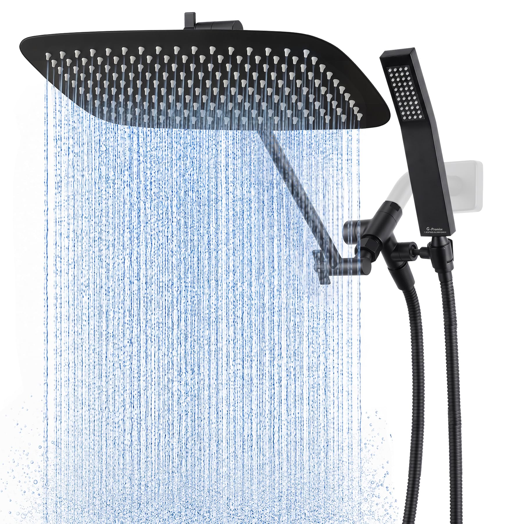 G-Promise All Metal 14 Inch Dual Square Shower Head with Handheld Combo, Rain Shower Head, Adjustable Extension Arm, Smooth 3-Way Diverter, 71 Inch Extra Long Hose - A Bathroom Upgrade (Matte Black)
