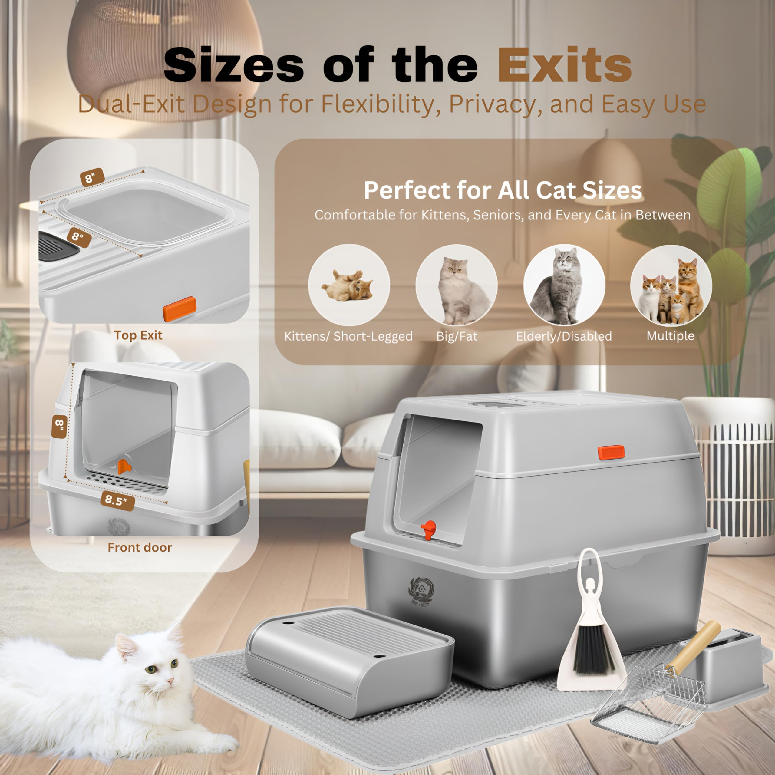 Fully Enclosed XXL Stainlessss Steel Litter Box with Lid, 8" Deep Pan, Large Stainless Steel Cat Litter Box for Big Cat with Scoop, Step Board, Mat, Brush, Odor-Free, Anti-Leak, Non-Stick (Light Gray) - image 3