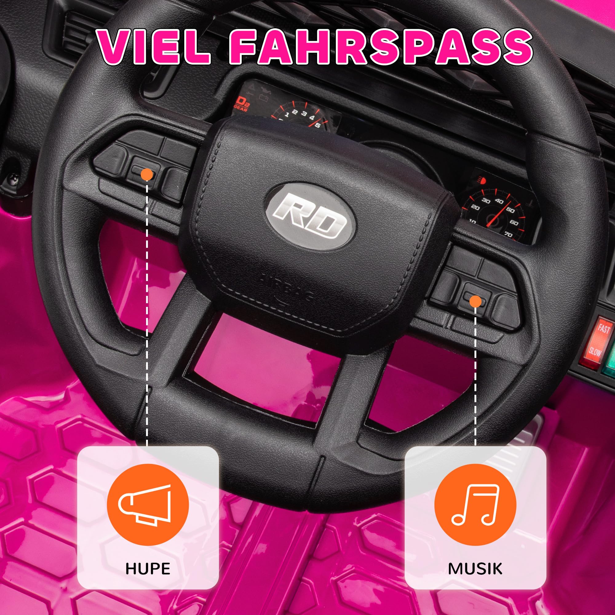 AIYAPLAY Kinder Elektroauto 12V 2,4 GHz Fernbedienung für 3-8 Jahre Rosa | Kinderauto Elektrisch, Hupe, LED Kinderfahrzeug, Musik, USB-Anschluss, Sanftstart, 4 Gefederten Rädern, Bis 5km/h