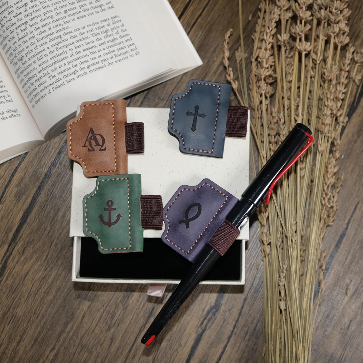 4 Pcs Personalized Magnetic Leather Bookmark Pen Holder Book Lovers Christian Gifts Bygone Mark for Reading, Purple-Jesus Fish + Brown-AΩ + Blue-Cross + Green-Anchor