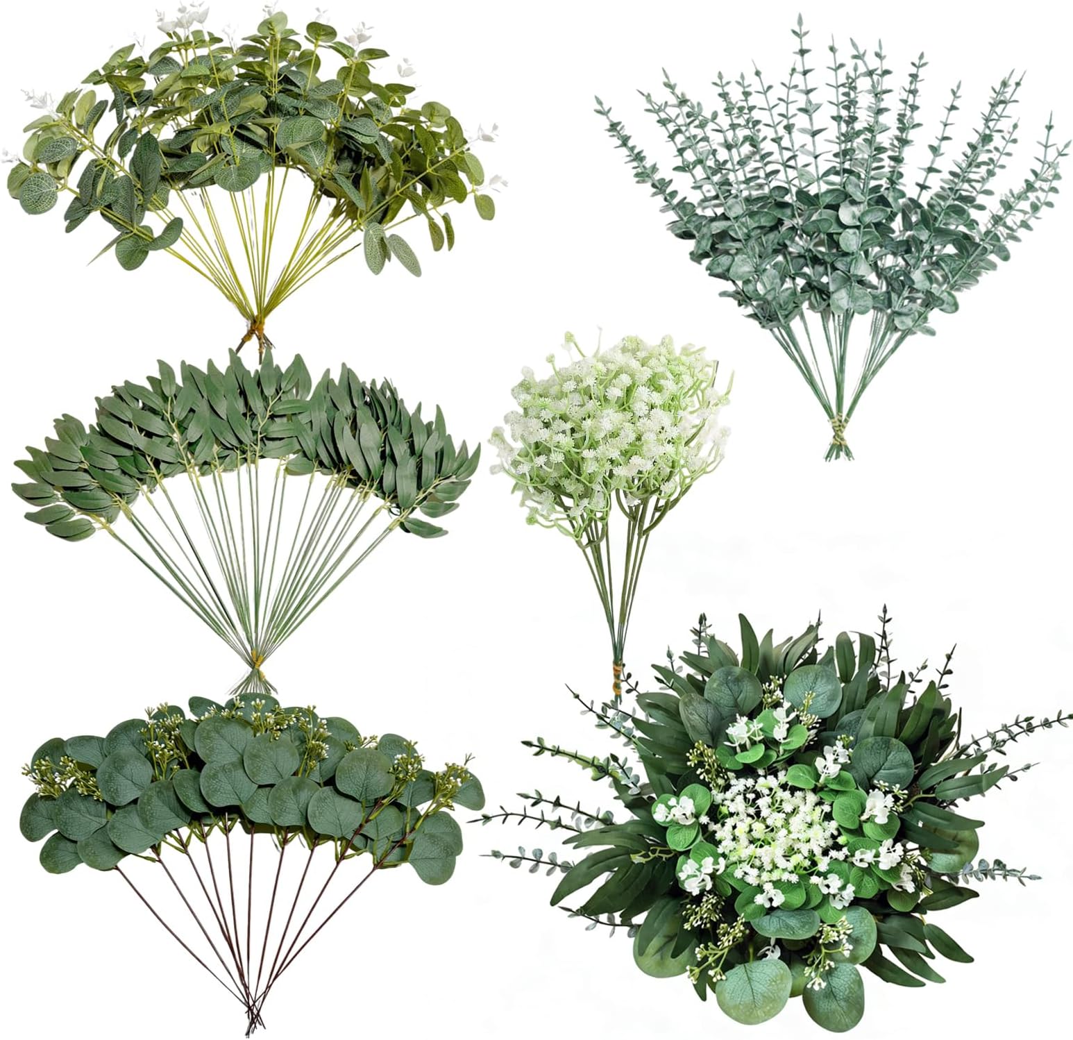 110 Pcs Mixed Artificial Eucalyptus Stems with Baby's Breath, 5 Kinds Faux Greenery Stems Bulk for Wedding DIY Bouquets, Realistic Silk Silver Dollar Eucalyptus Leaves for Vase, Home & Party Decor