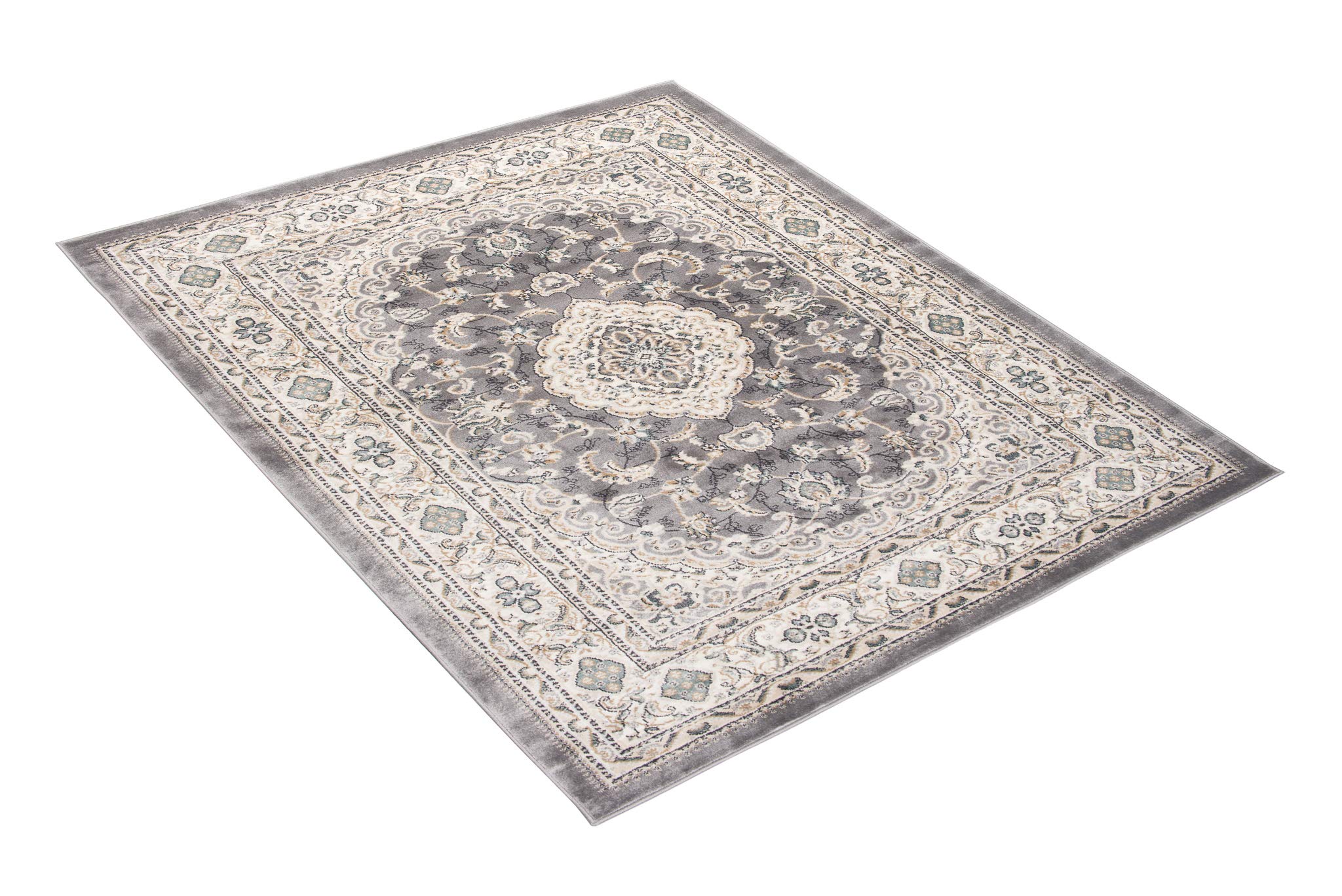 TAPISO Dubai Teppich Kurzflor Klassisch Orientalisch Creme Grau Floral Ornament Bordüre Design Wohnzimmer Schlafzimmer Meliert ÖKO-TEX 80 x 150 cm